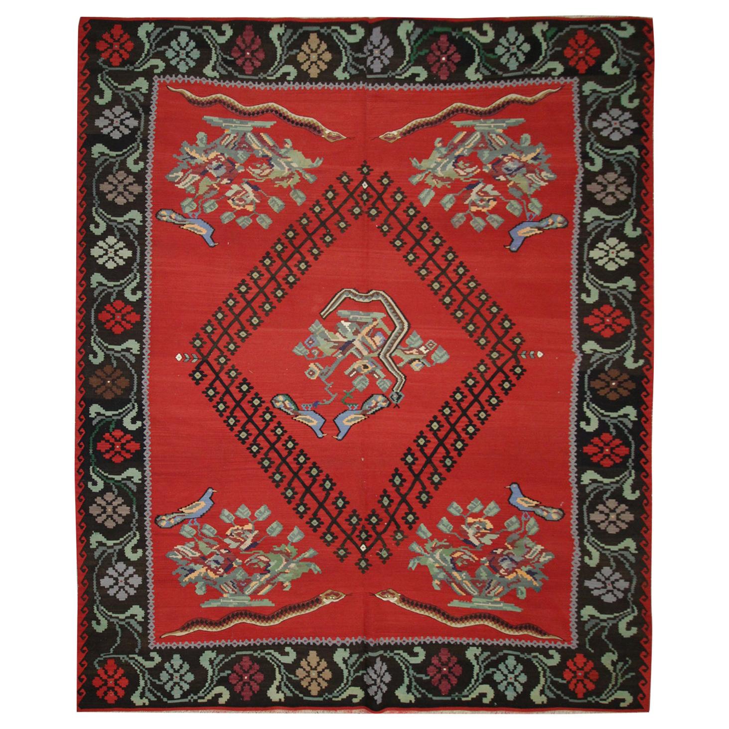 Antique Kilim Rug Red Handwoven Carpet Caucasian Red Wool Kilims For Sale