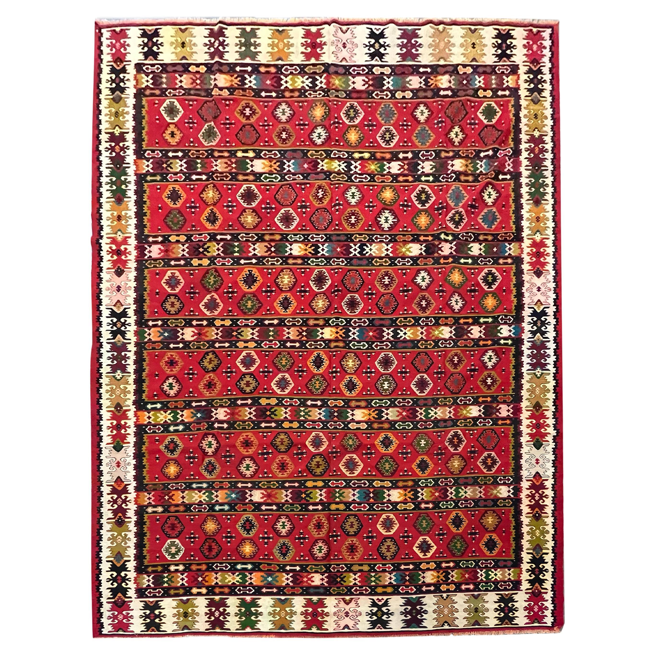 Antique Kilim Rug Striped Turkish Pirot Handmade Flatwoven Kilim Carpet