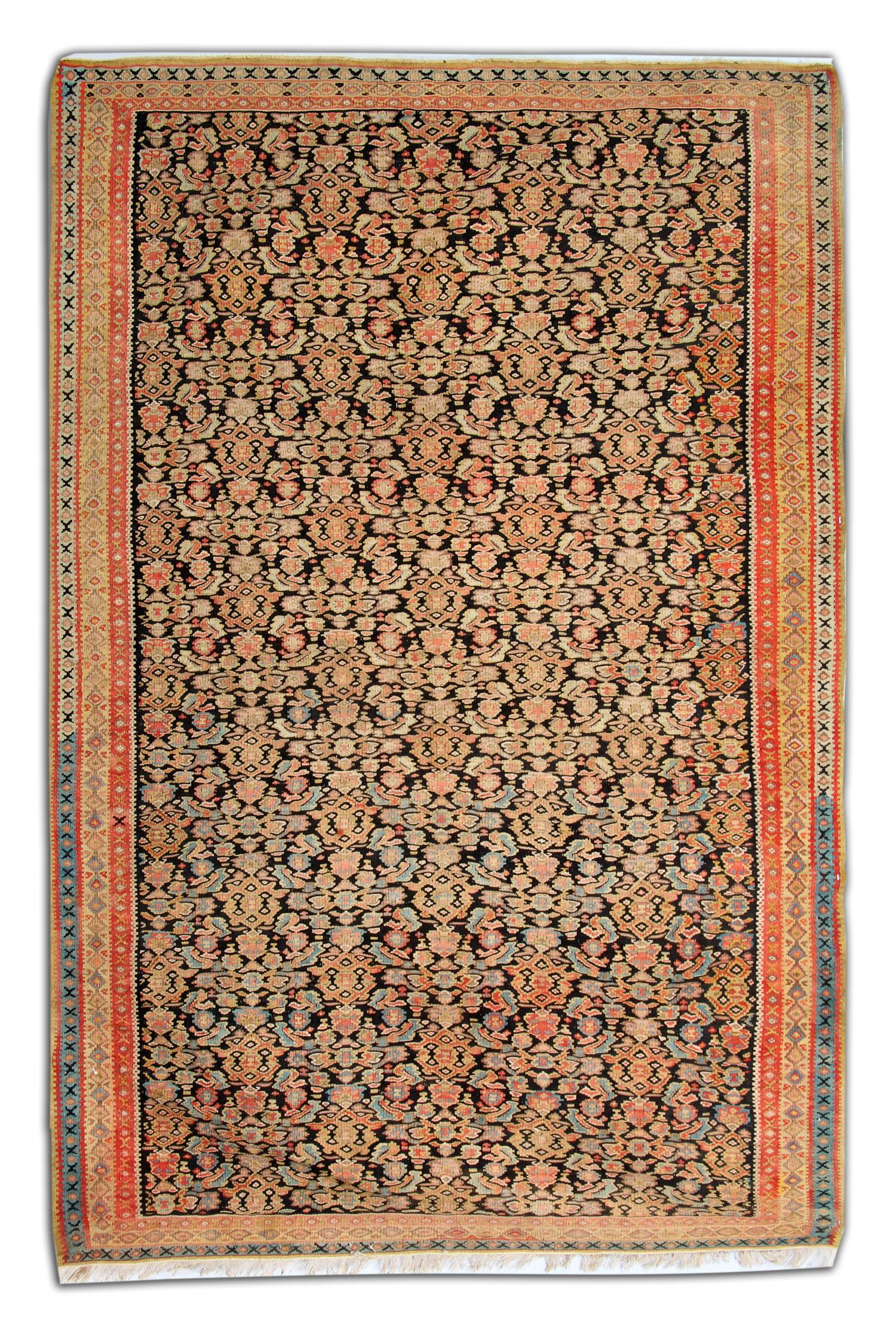 Azerbaijani Antique Kilim Rug Traditional Rust Wool Area Rug Floral Carpet For Sale