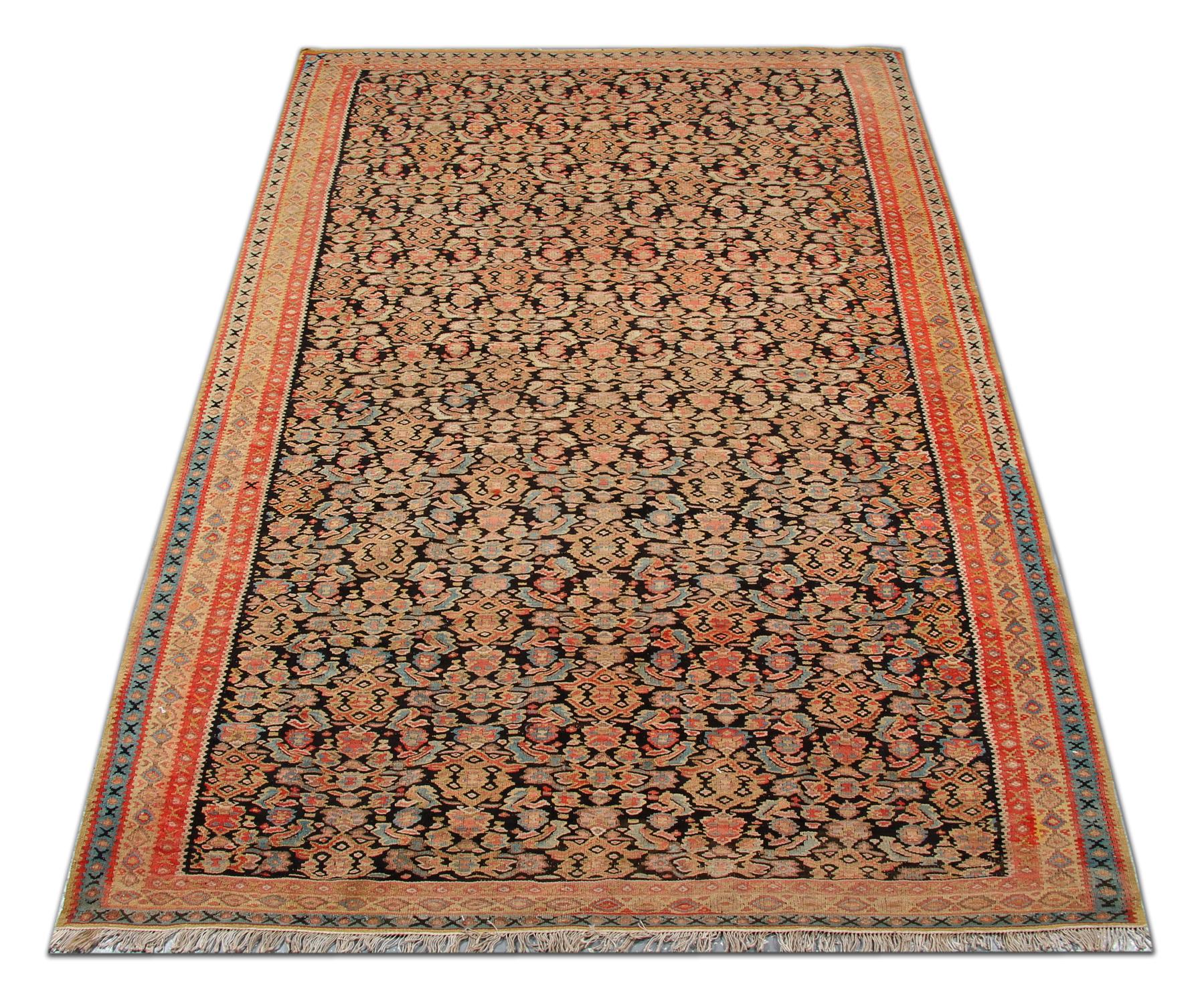 Hand-Knotted Antique Kilim Rug Traditional Rust Wool Area Rug Floral Carpet For Sale