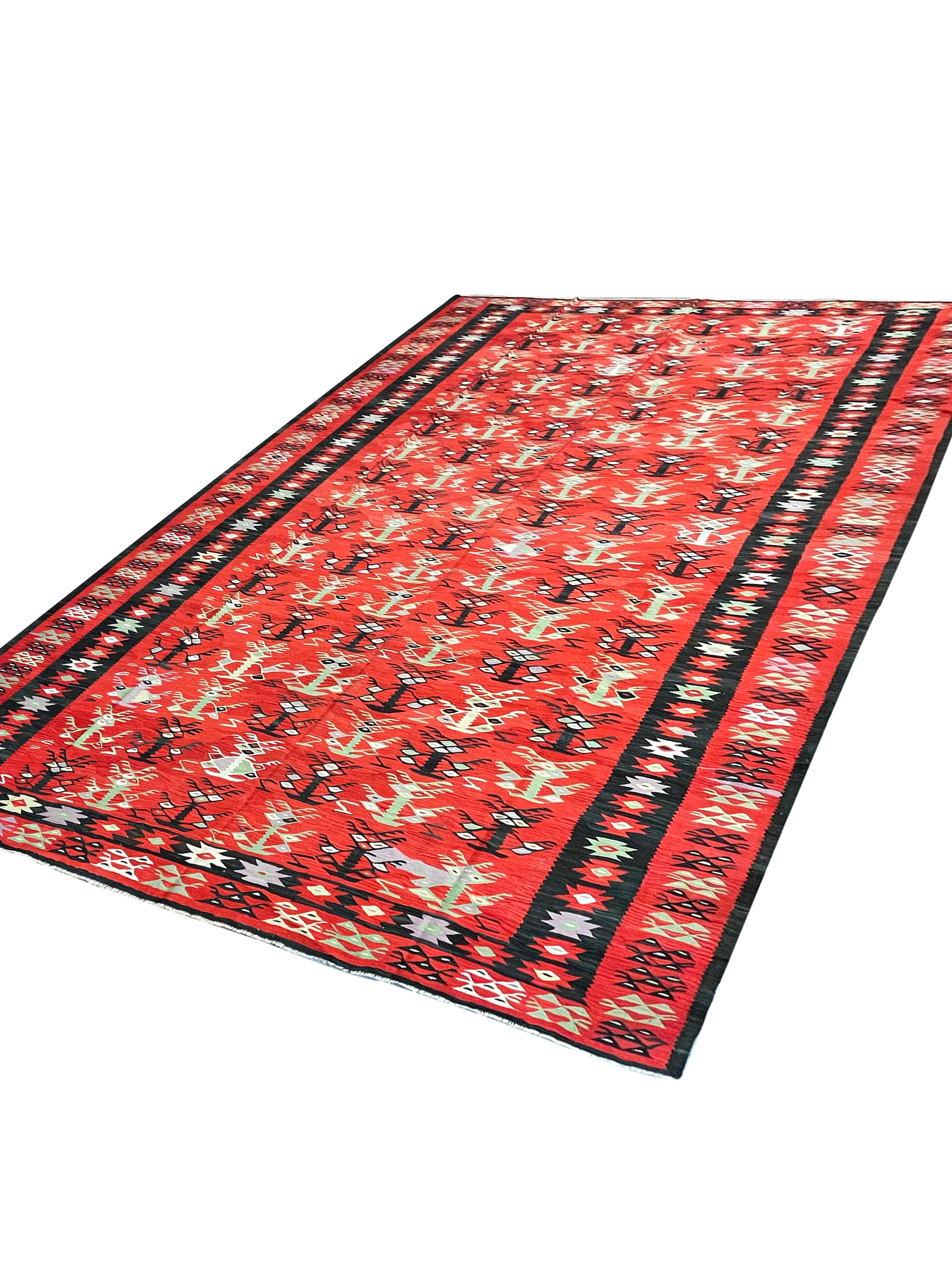 Country Antique Kilim Rug Turkish Handmade Carpet Flatwoven Red Geometric Rug For Sale
