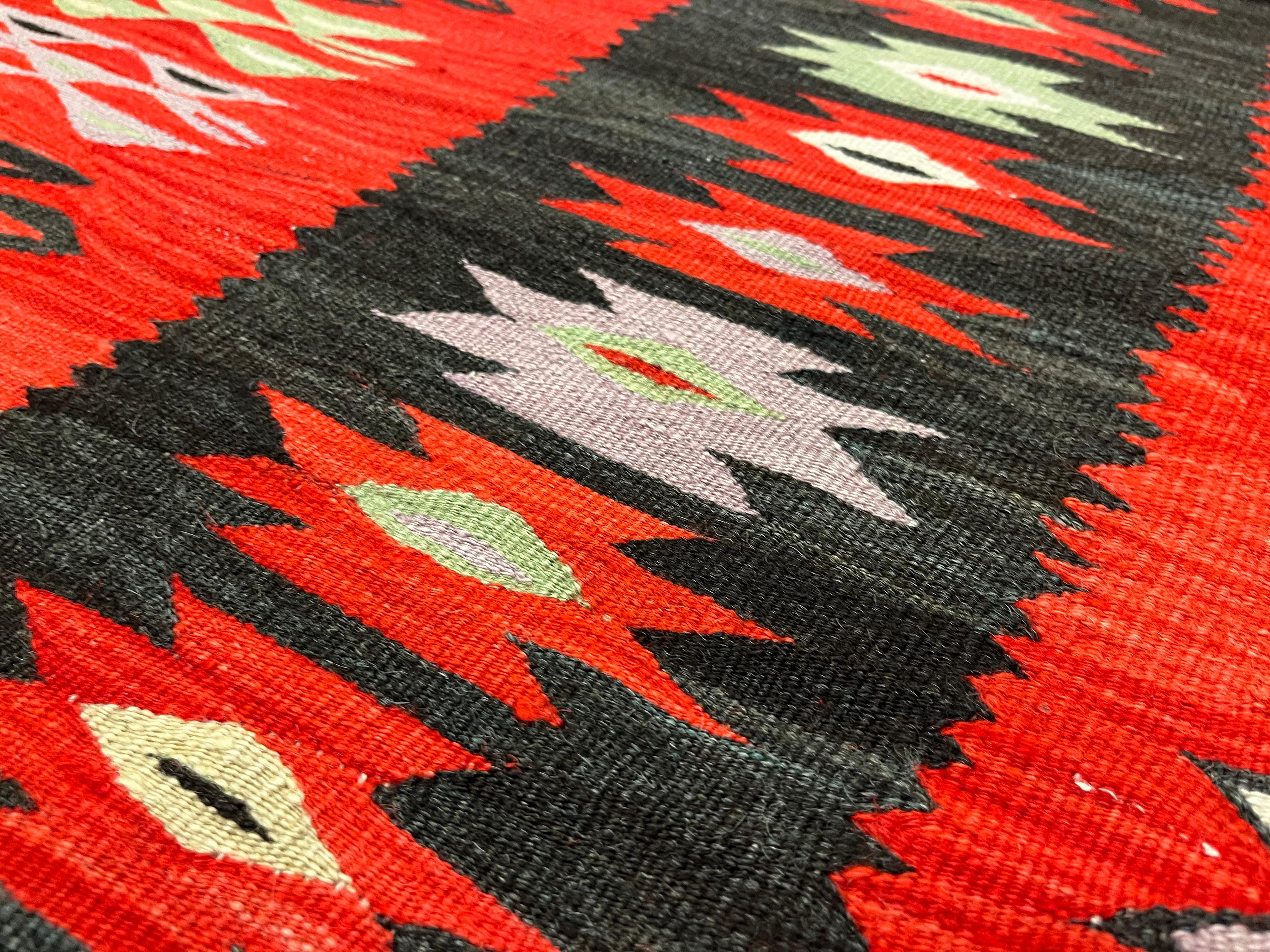 Wool Antique Kilim Rug Turkish Handmade Carpet Flatwoven Red Geometric Rug For Sale