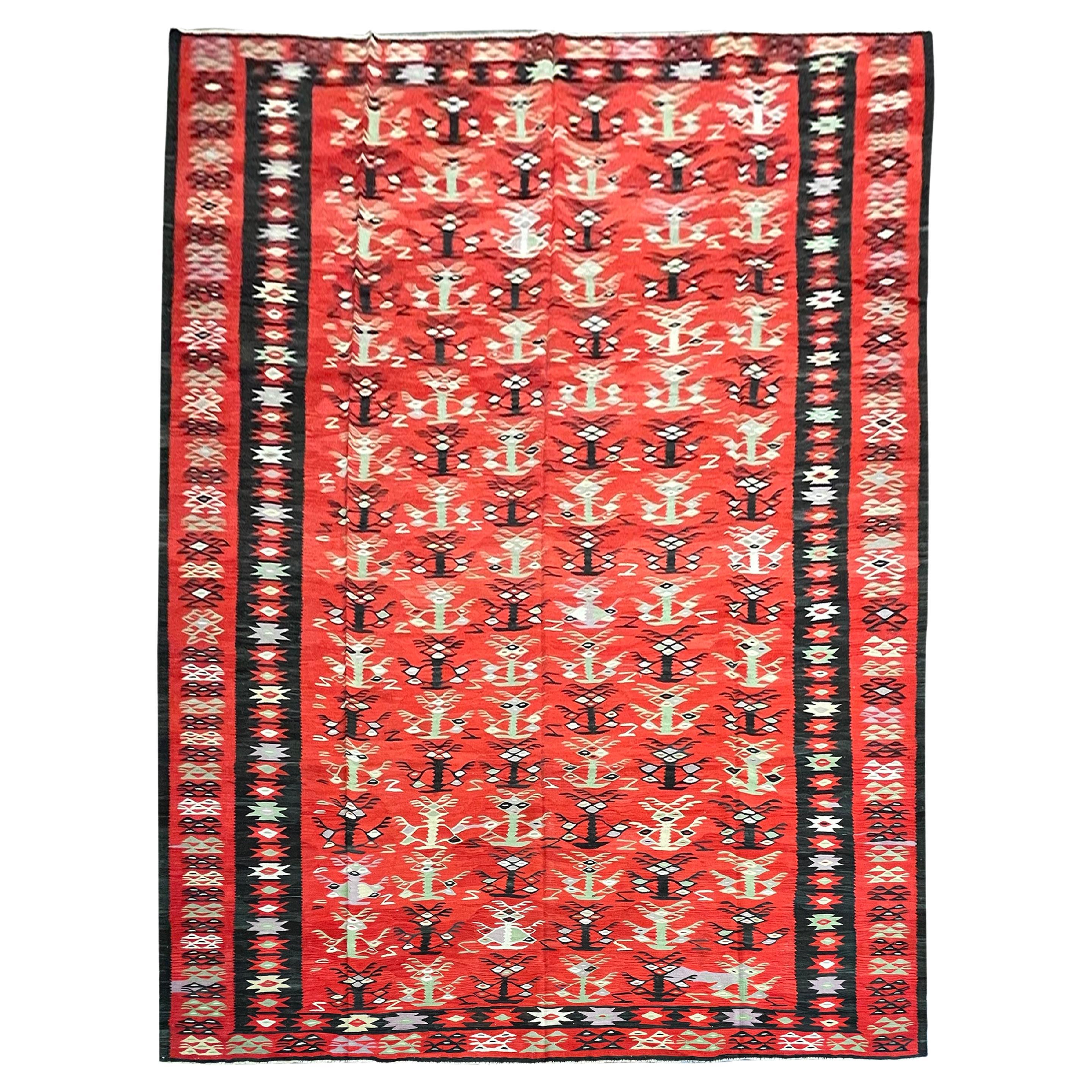 Antique Kilim Rug Turkish Handmade Carpet Flatwoven Red Geometric Rug For Sale