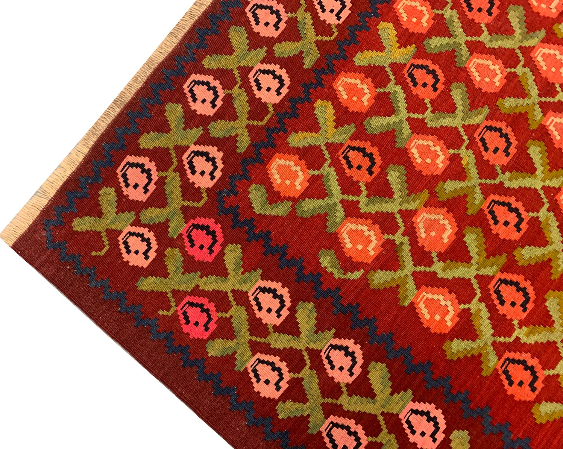 Early 20th Century Antique Kilim Rugs Armenian Handmade Floral Kilim Red Wool Rug For Sale