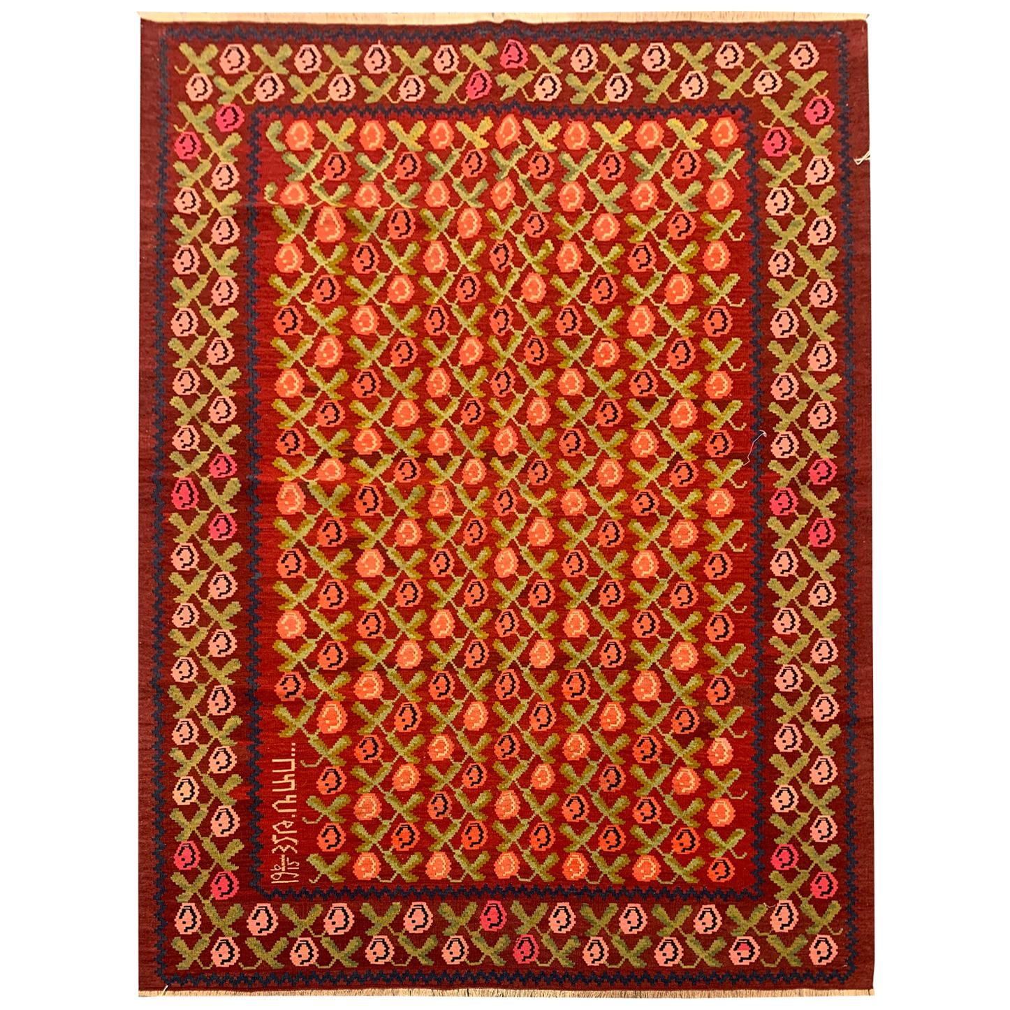 Antique Kilim Rugs Armenian Handmade Floral Kilim Red Wool Rug For Sale