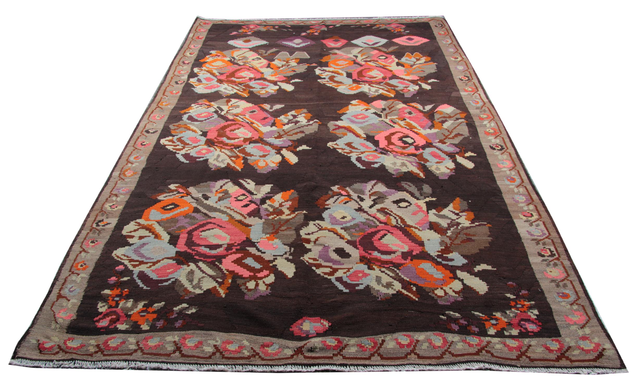 Hand-Knotted Floral Antique Kilim Rug, Handmade Carpet and Hand-Woven Rug in Karabagh For Sale
