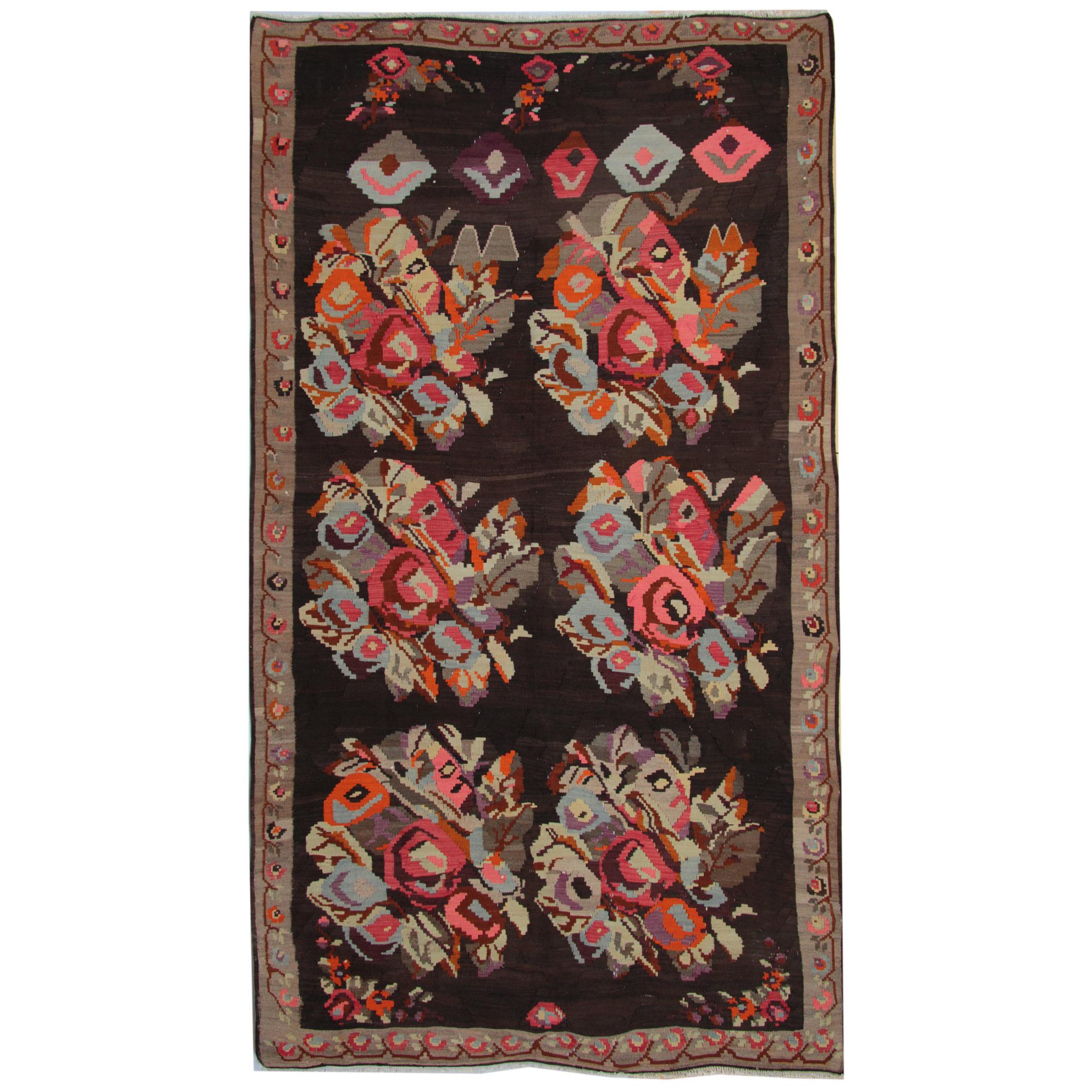 Floral Antique Kilim Rug, Handmade Carpet and Hand-Woven Rug in Karabagh For Sale