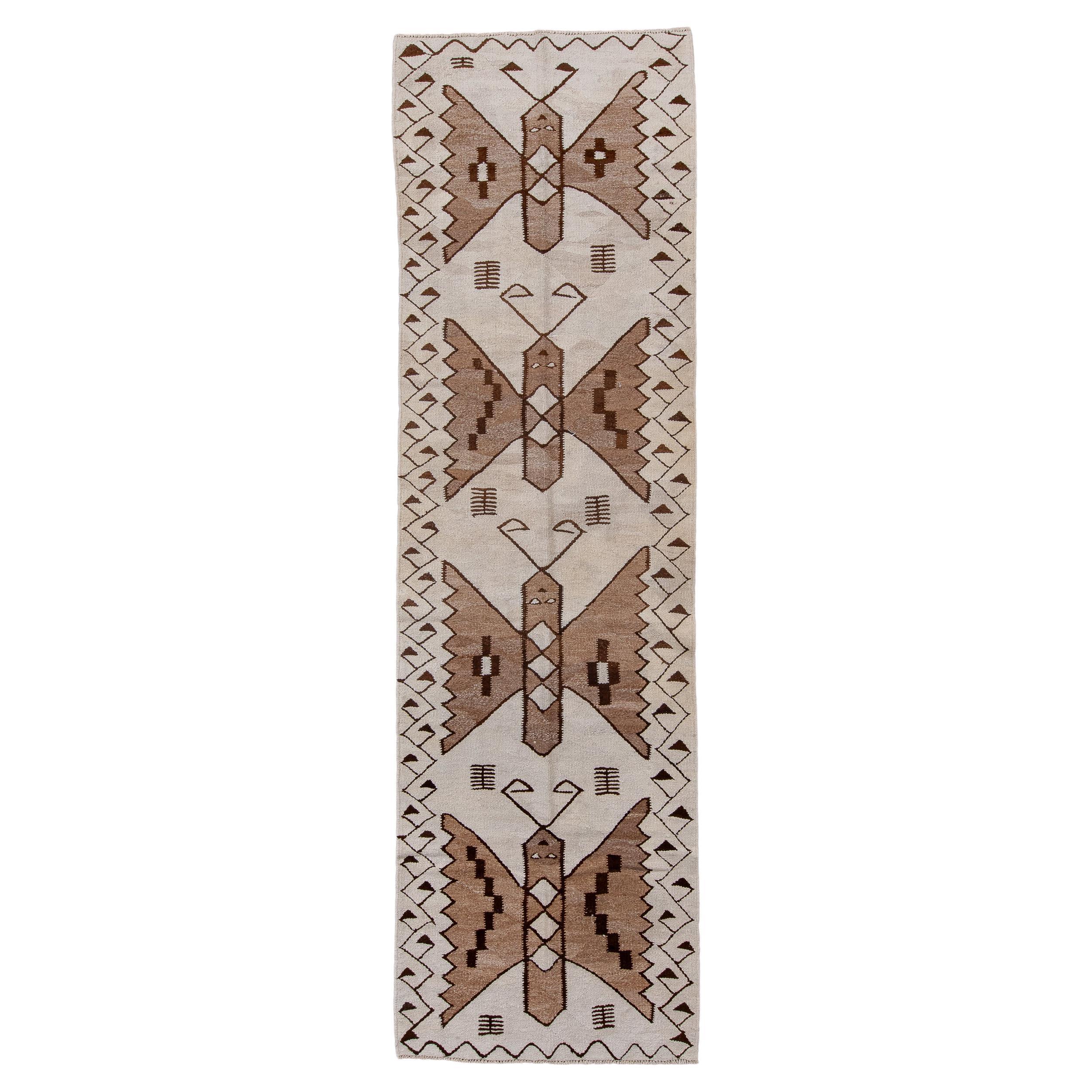 Antique Kilim Runner with Butterfly Design and Cream Colors For Sale