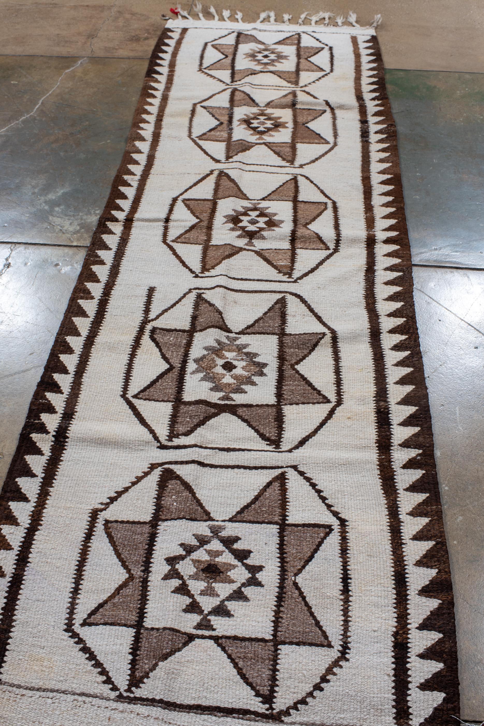 Turkish Antique Kilim Runner with Cream Field and Tassels on Ends