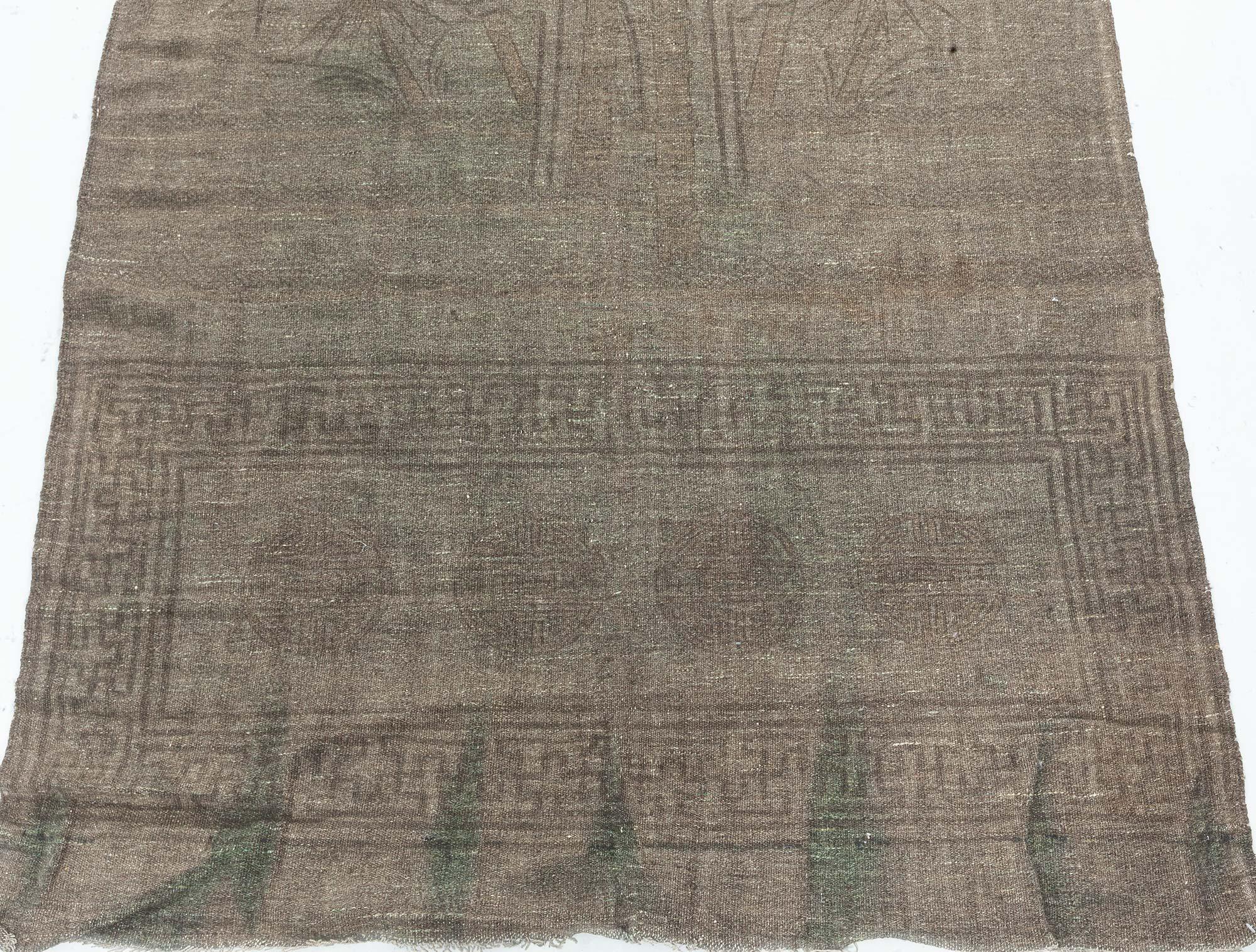 Turkish Antique Kilim with Bamboo Design in Green and Brown Runner For Sale