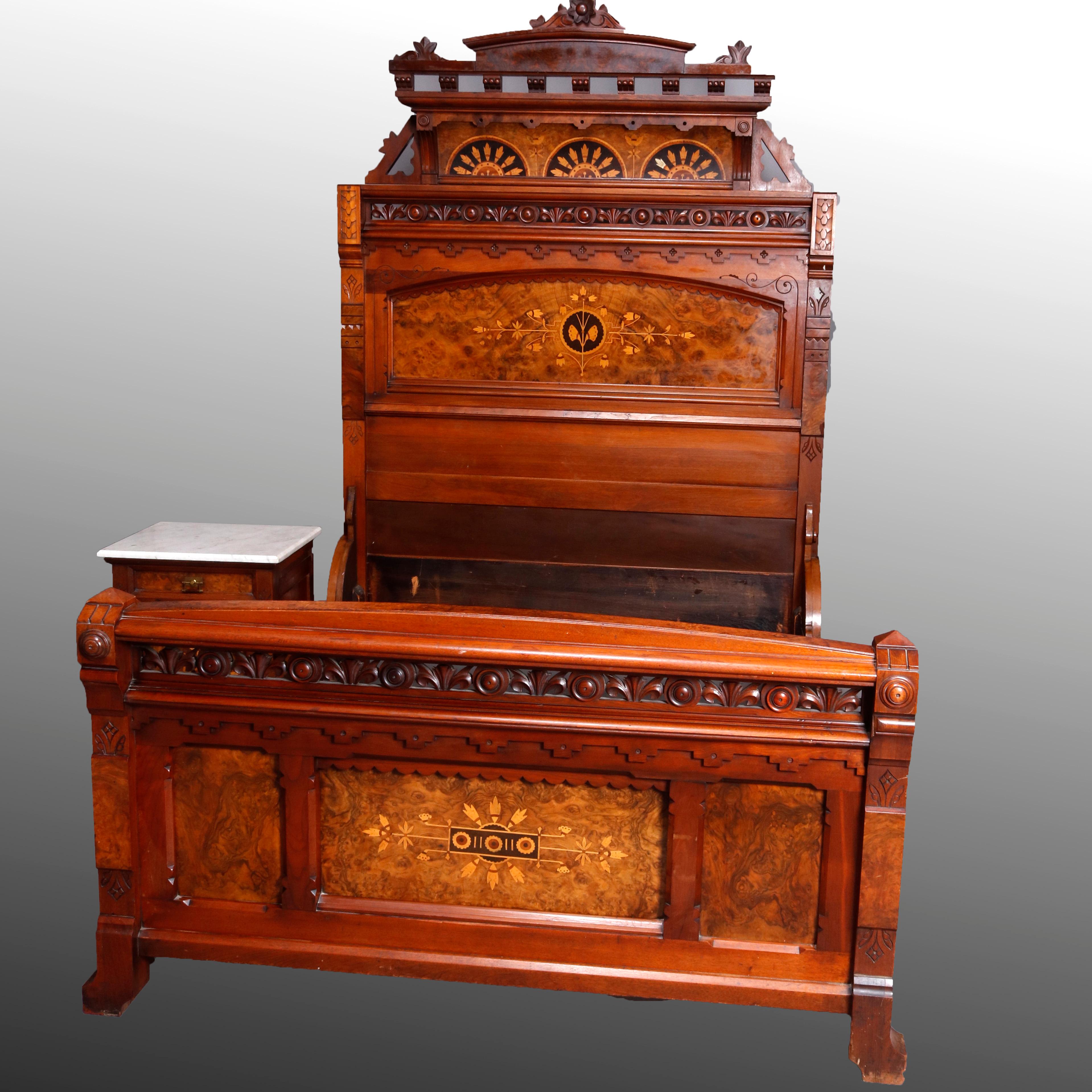 American Antique Kimbel & Cabus Carved Walnut, Burl and Marquetry Bedroom Suit