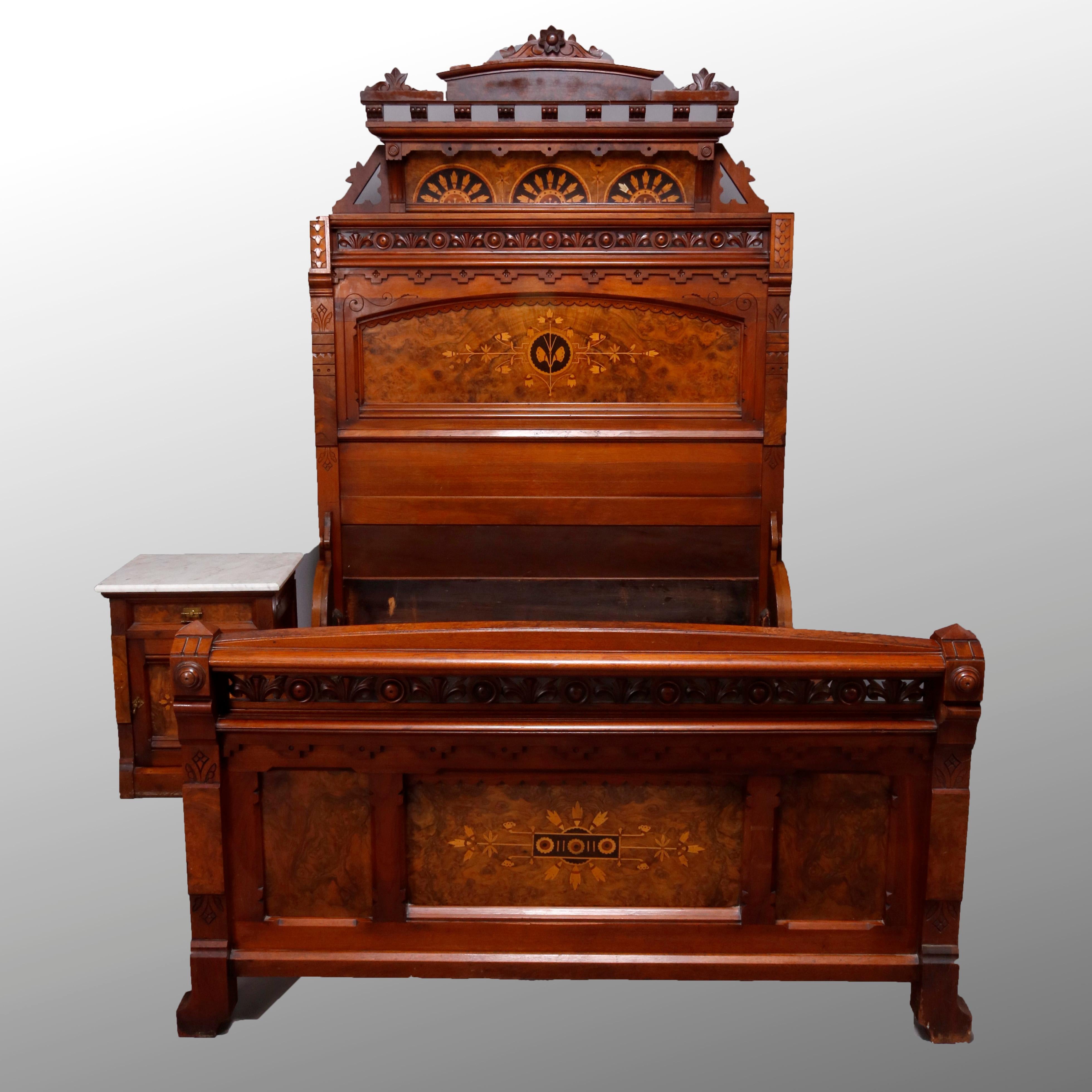 Antique Kimbel & Cabus Carved Walnut, Burl and Marquetry Bedroom Suit In Good Condition In Big Flats, NY