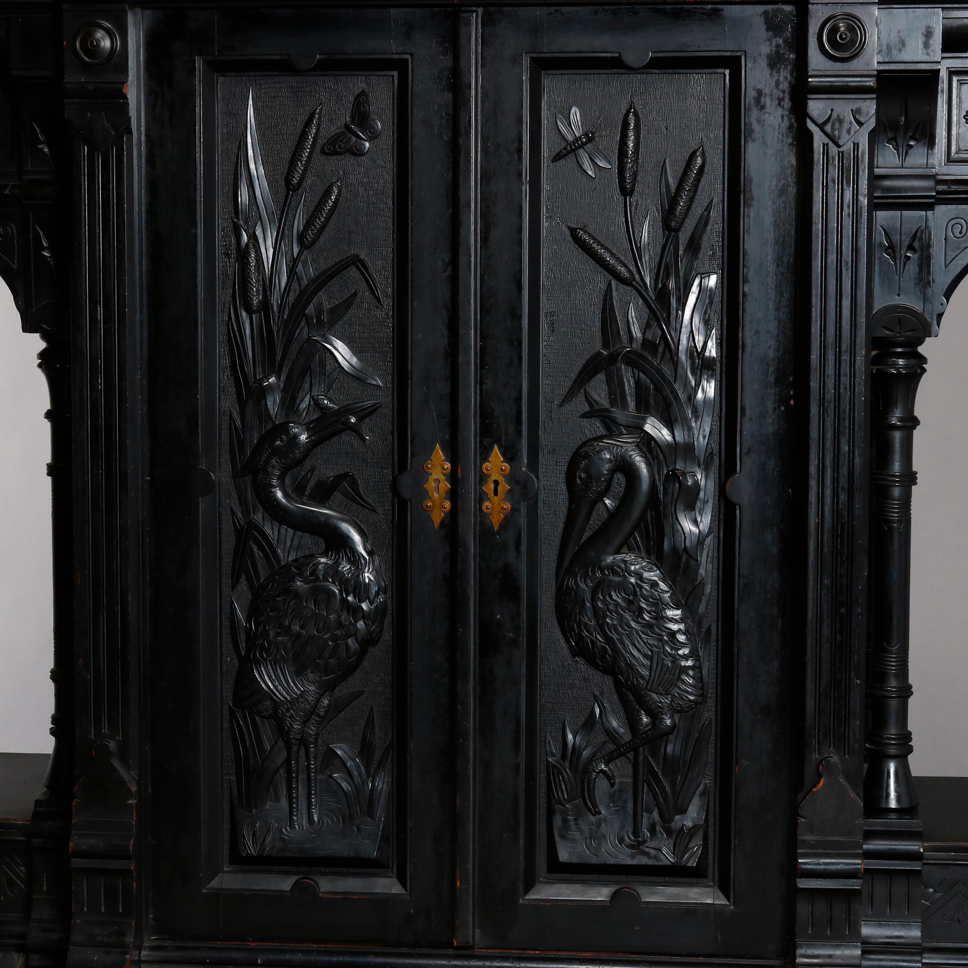 Antique Kimble & Cabus Aesthetic Movement Carved & Ebonized Cabinet, Herons 1870 8