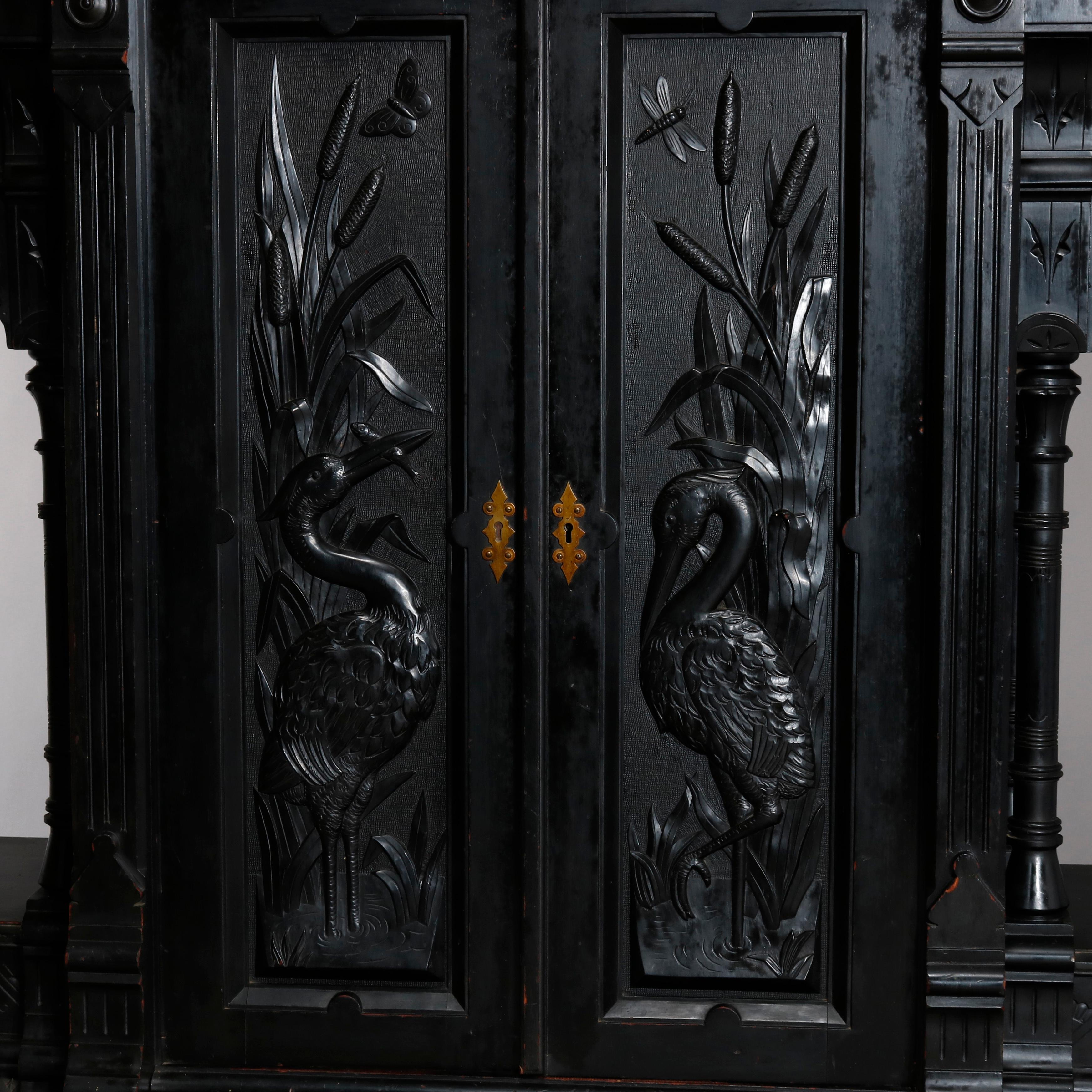 Antique Kimble & Cabus Aesthetic Movement Carved & Ebonized Cabinet, Herons 1870 9