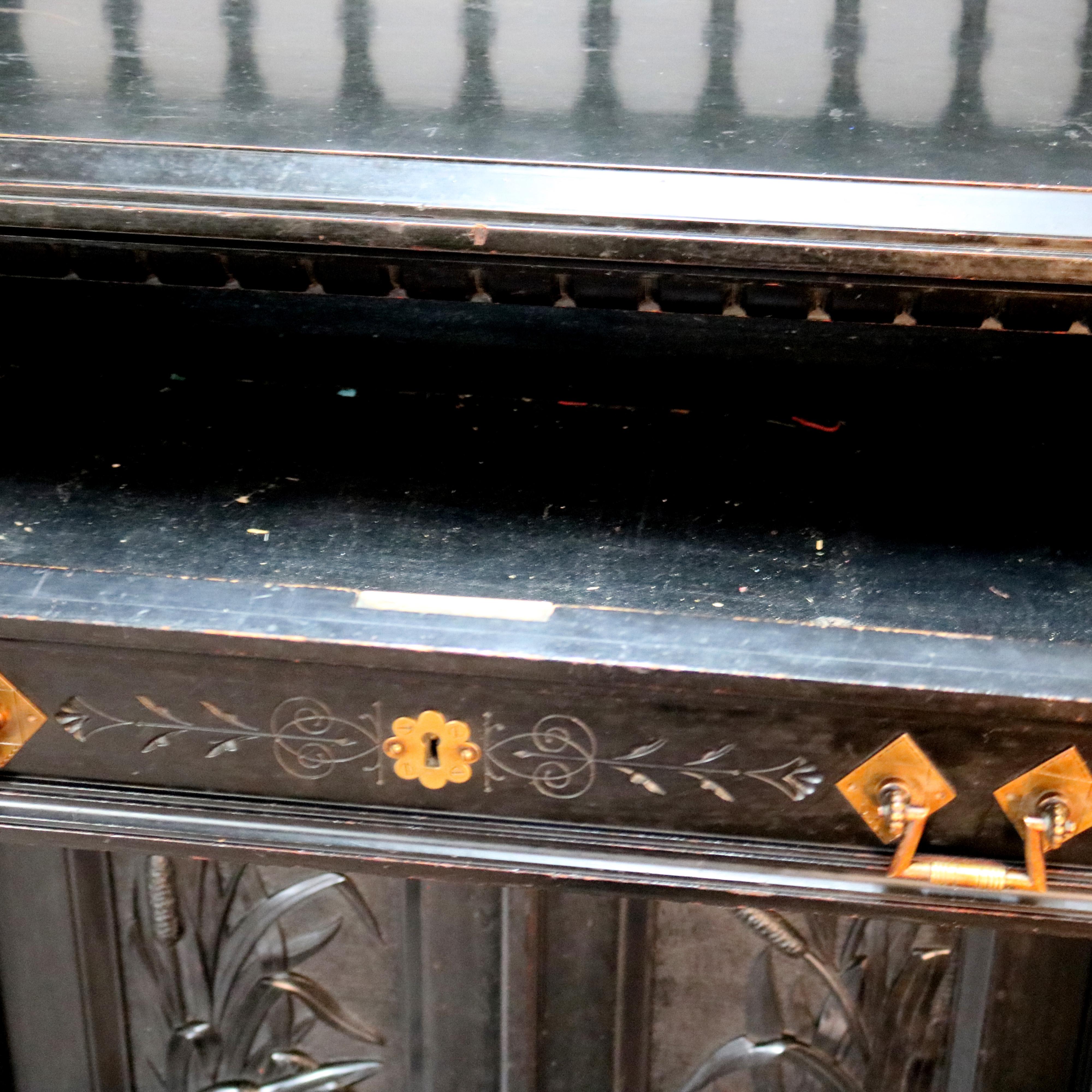 Antique Kimble & Cabus Aesthetic Movement Carved & Ebonized Cabinet, Herons 1870 11