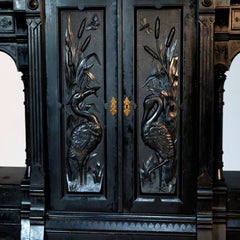 Antique Kimble & Cabus Aesthetic Movement Carved & Ebonized Cabinet, Herons 1870