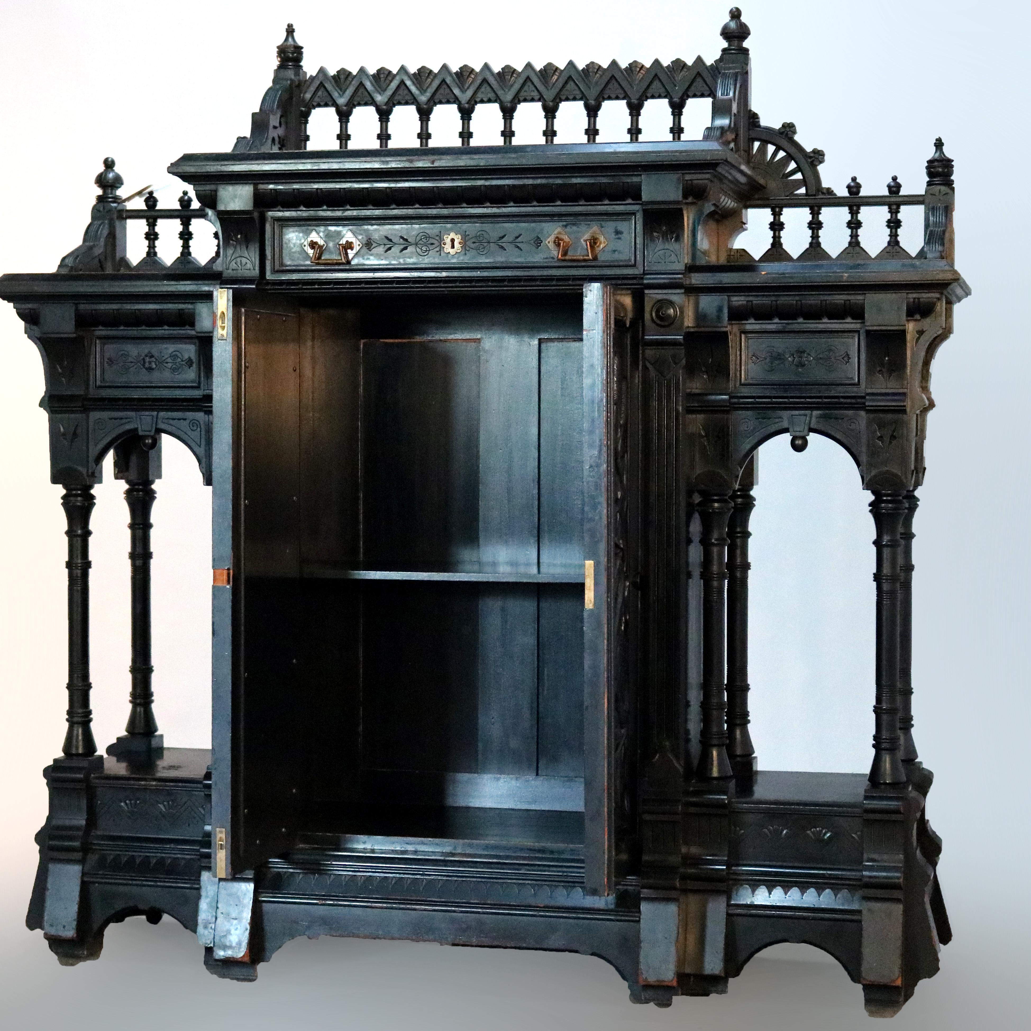 American Antique Kimble & Cabus Aesthetic Movement Carved & Ebonized Cabinet, Herons 1870