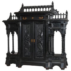 Antique Kimble & Cabus Aesthetic Movement Carved & Ebonized Cabinet, Herons 1870