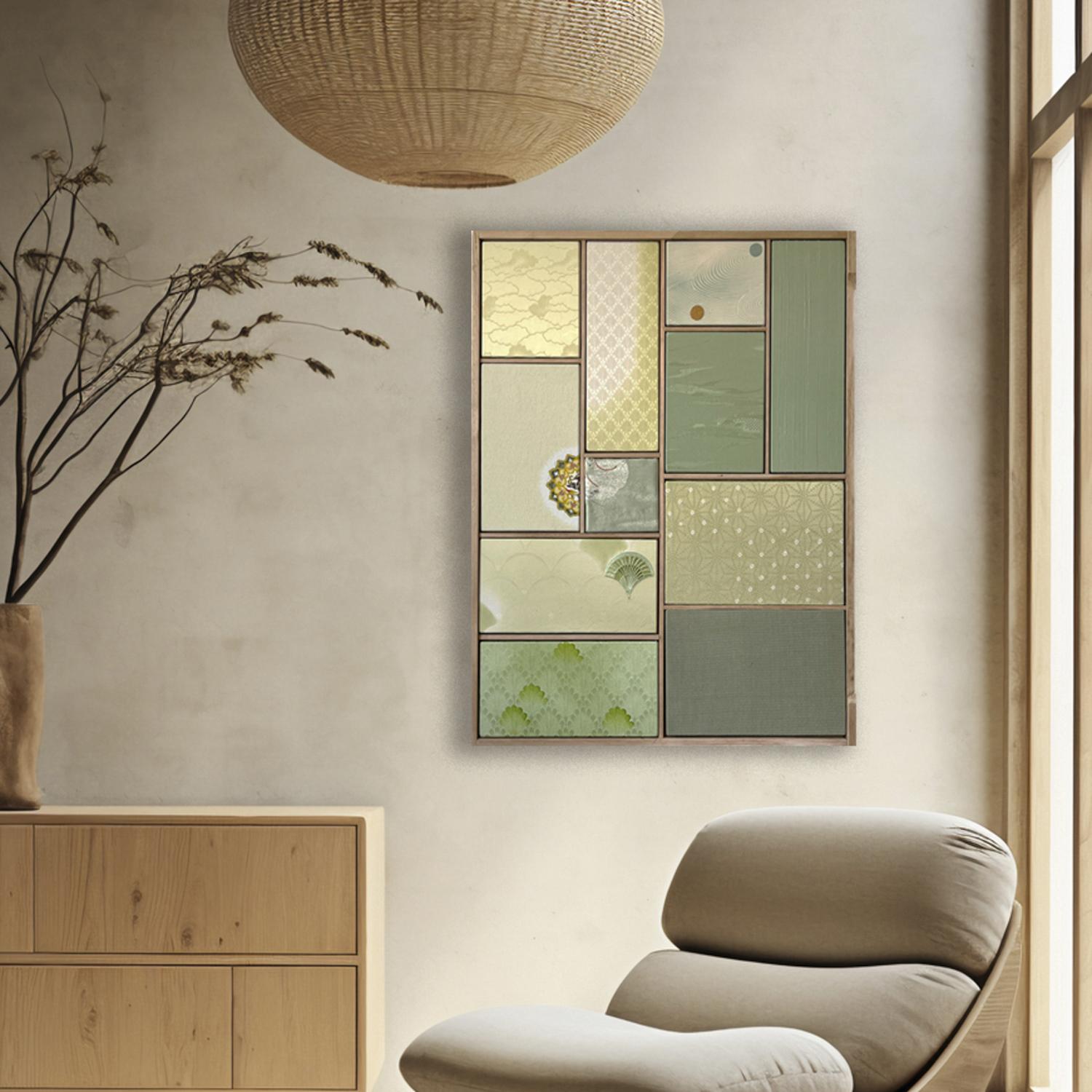 Esta obra se inspira en la paleta de colores verdes, y está enmarcada en madera de paulownia utilizada originalmente para una cómoda de kimono.

En esta obra, el objetivo era captar la amplia paleta de color verde que se utiliza habitualmente en los