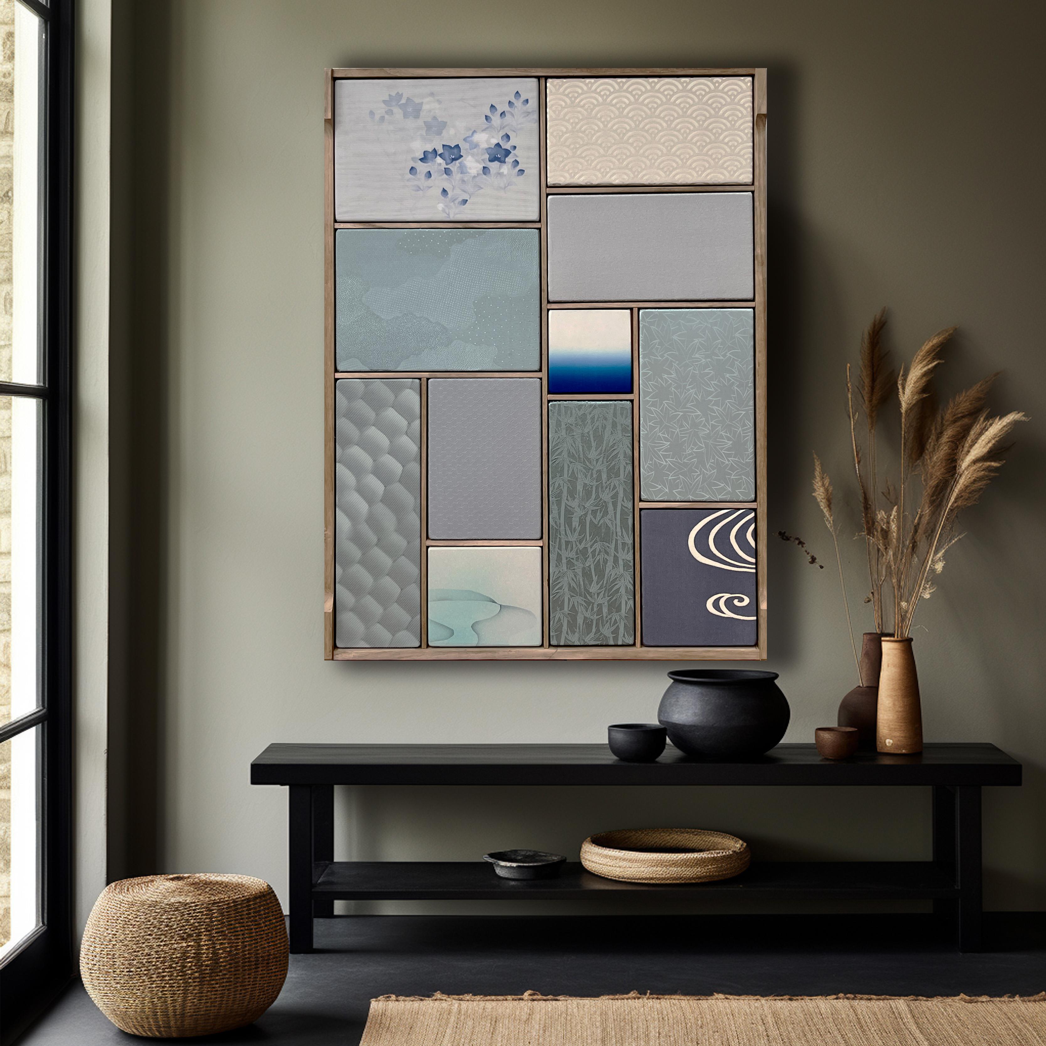 Cette œuvre s'inspire de la palette de couleurs bleues et est encadrée dans du bois de paulownia utilisé à l'origine pour une commode de kimono.

Dans cette œuvre, l'objectif était de capturer la large palette de couleurs bleues couramment utilisées