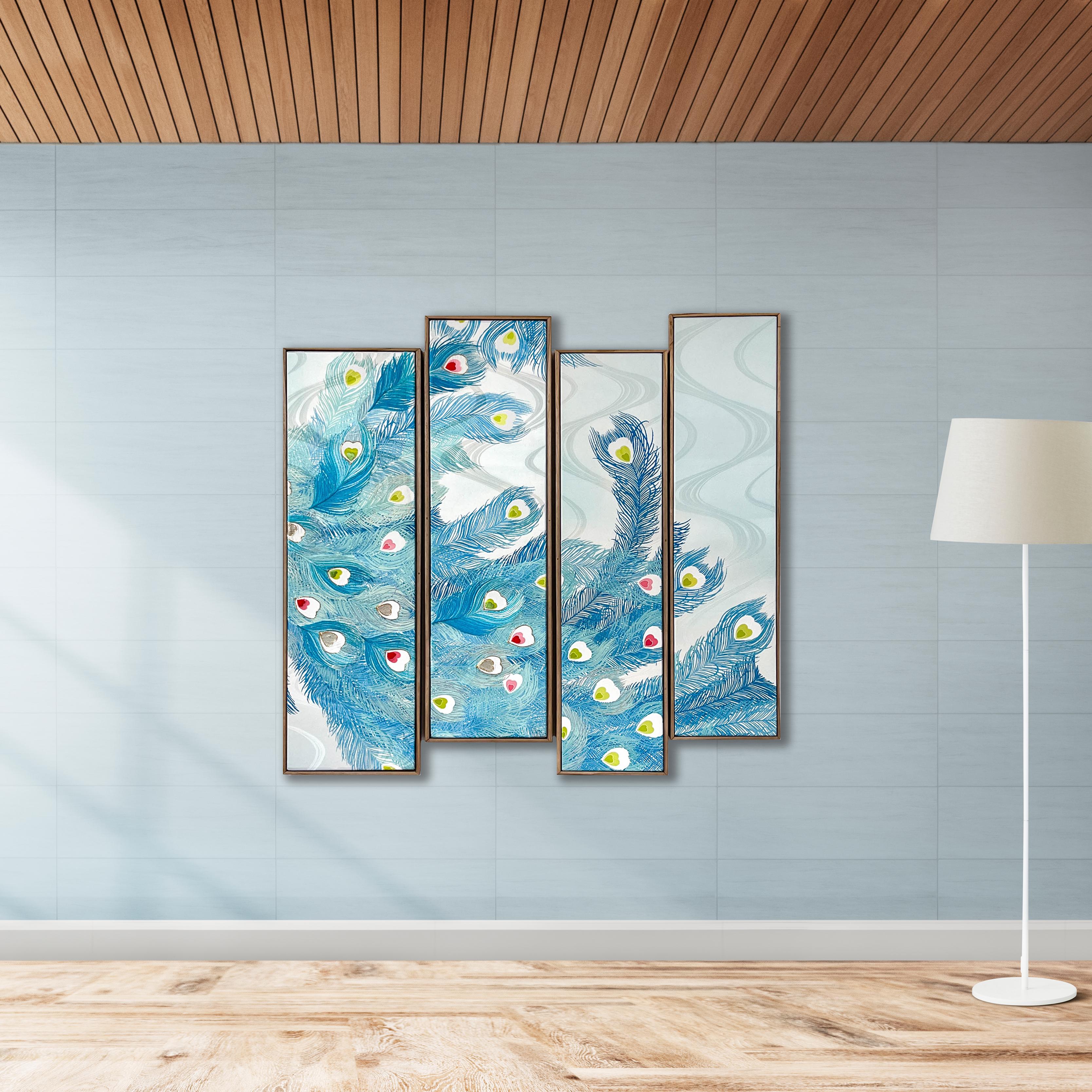 This work uses an antique furisode (festive kind of kimono with long sleeves) with peacock feathers - a symbol of royalty and prosperity. Can be used both vertically and horizontally.

It is elegantly framed with paulownia wood originally used for