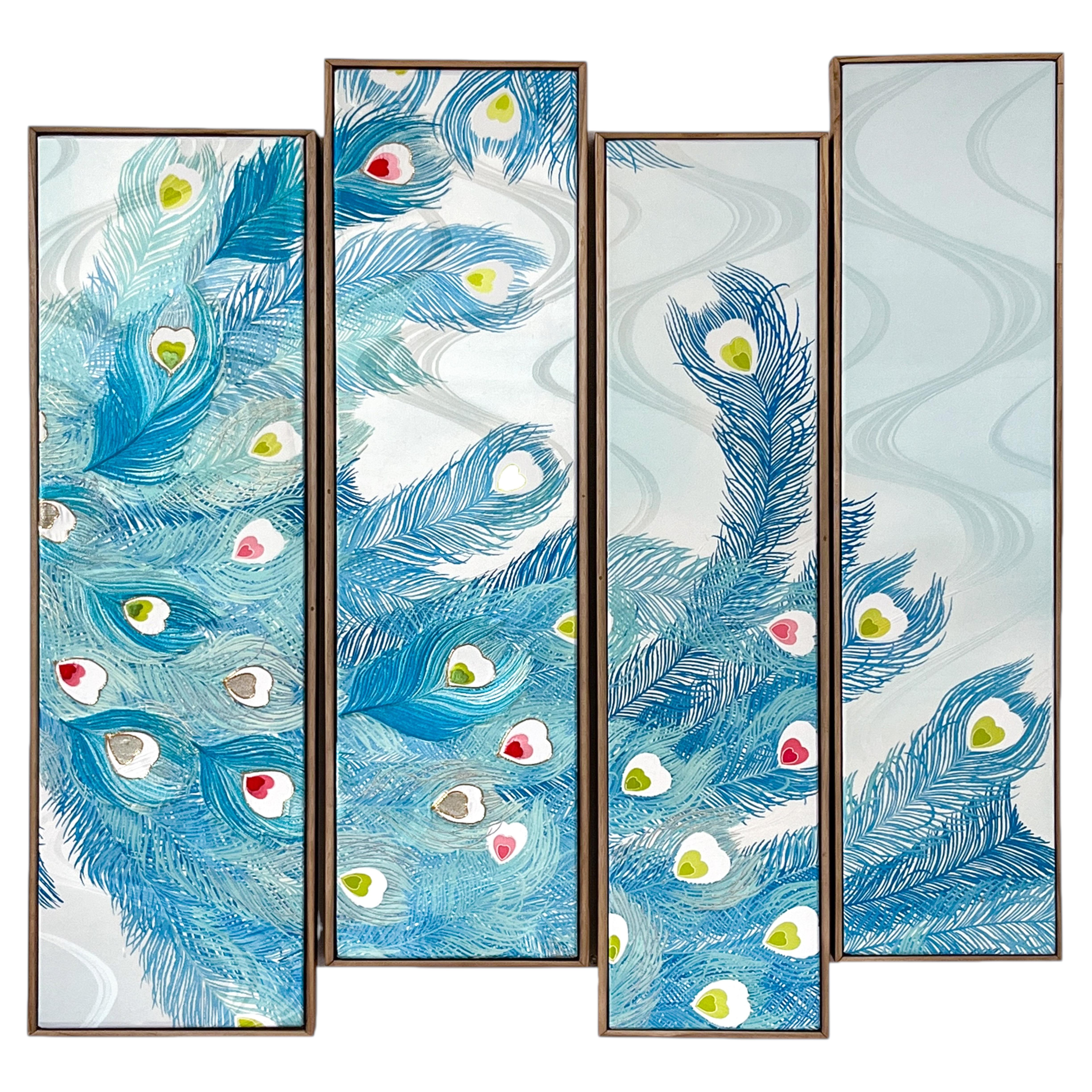 Œuvre d'art textile sur kimono ancien « Plumes de paon ~ Royauté ~ » par ikasu BLUE BLUE JAPAN