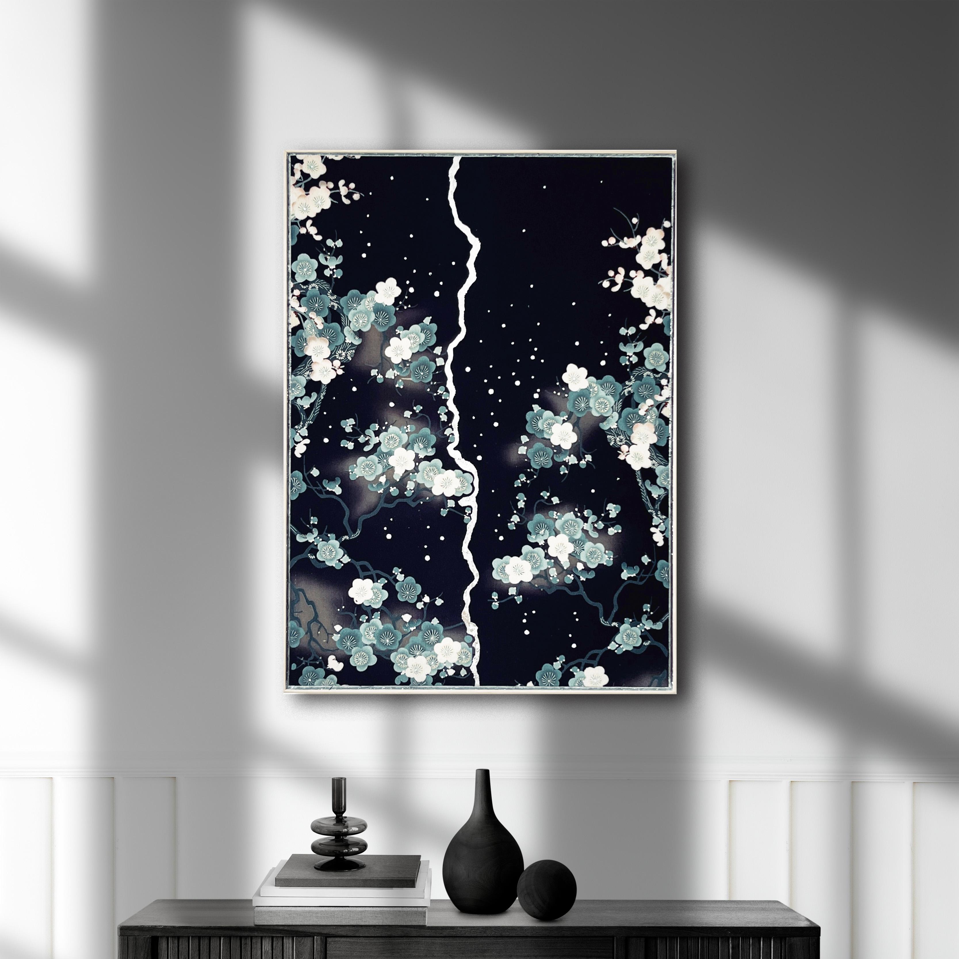 This artwork uses antique fabric from Taisho era (early 1920ies) kimono and paulownia wood taken from antique kiritansu - chest-of-drawers used initially to keep kimonos.

It is elegantly framed with paulownia wood, a tree closely connected to
