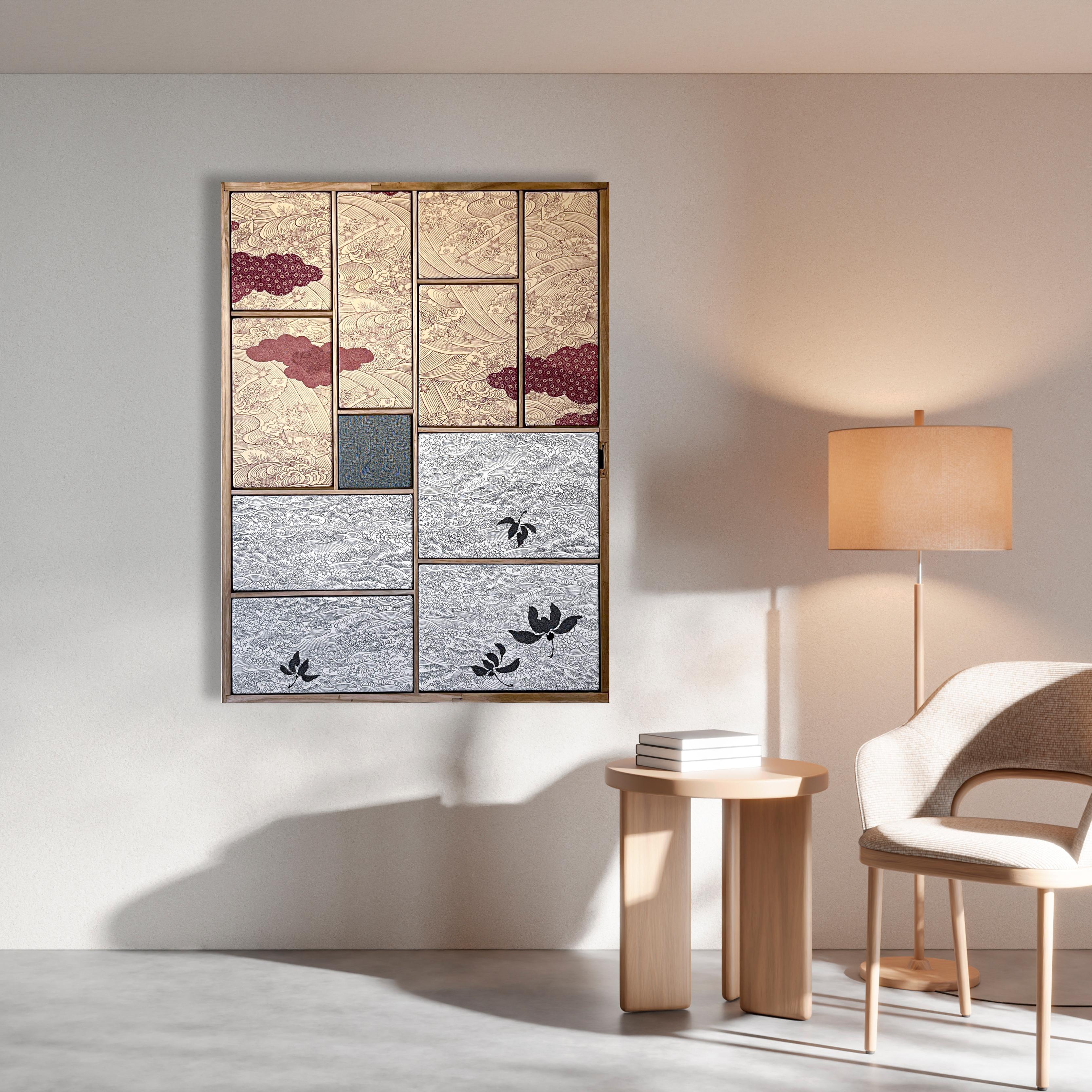 This work is inspired by traditional hand-dying technique edo-komon, and is framed in paulownia wood originally used for a kimono chest-of-drawers.

It is elegantly framed with paulownia wood originally used for kimono chest-of-drawers, and is