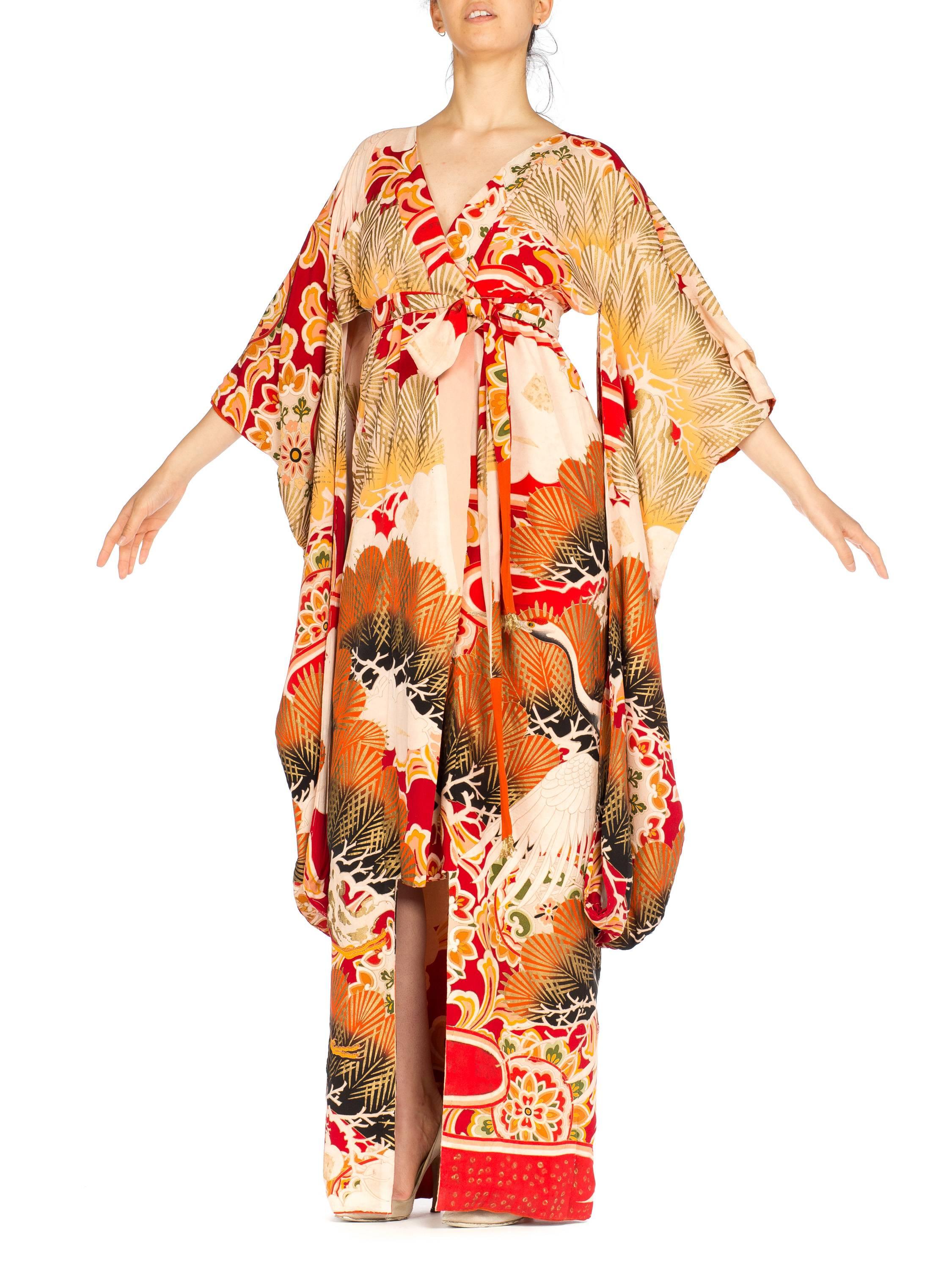 MORPHEW COLLECTION Hand Painted Silk Wrap Kimono Dress Made From An Antique 192 5