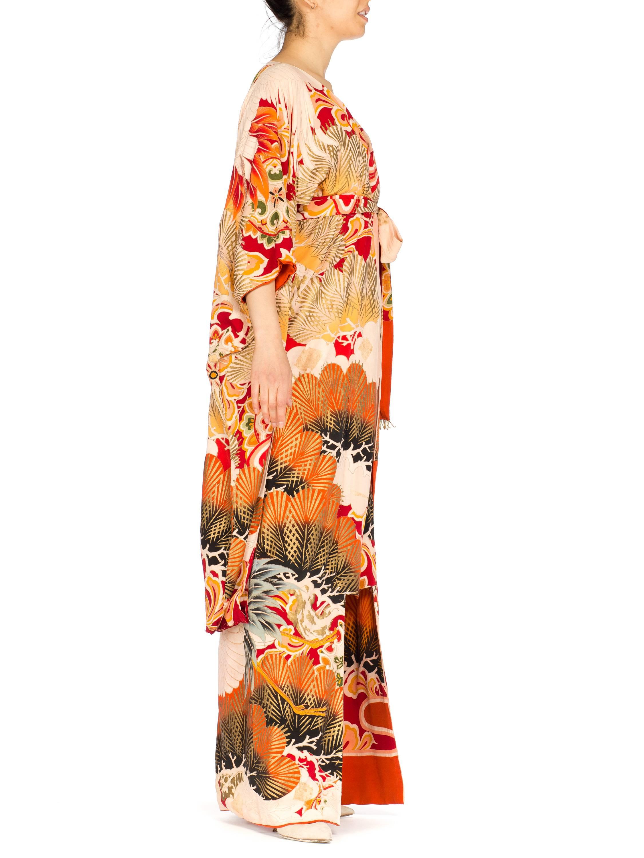 Orange MORPHEW COLLECTION Hand Painted Silk Wrap Kimono Dress Made From An Antique 192
