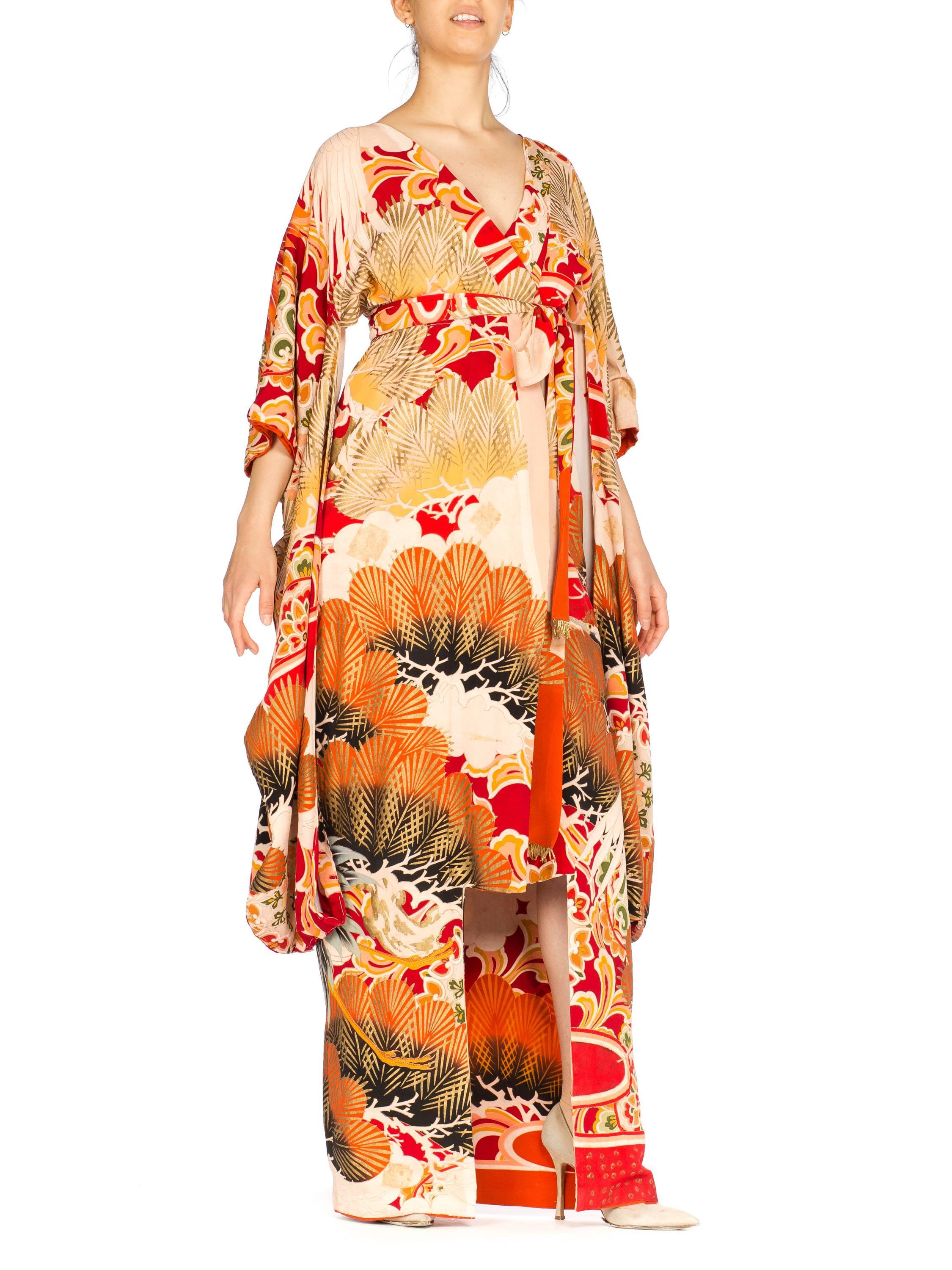 MORPHEW COLLECTION Hand Painted Silk Wrap Kimono Dress Made From An Antique 192 In Excellent Condition In New York, NY