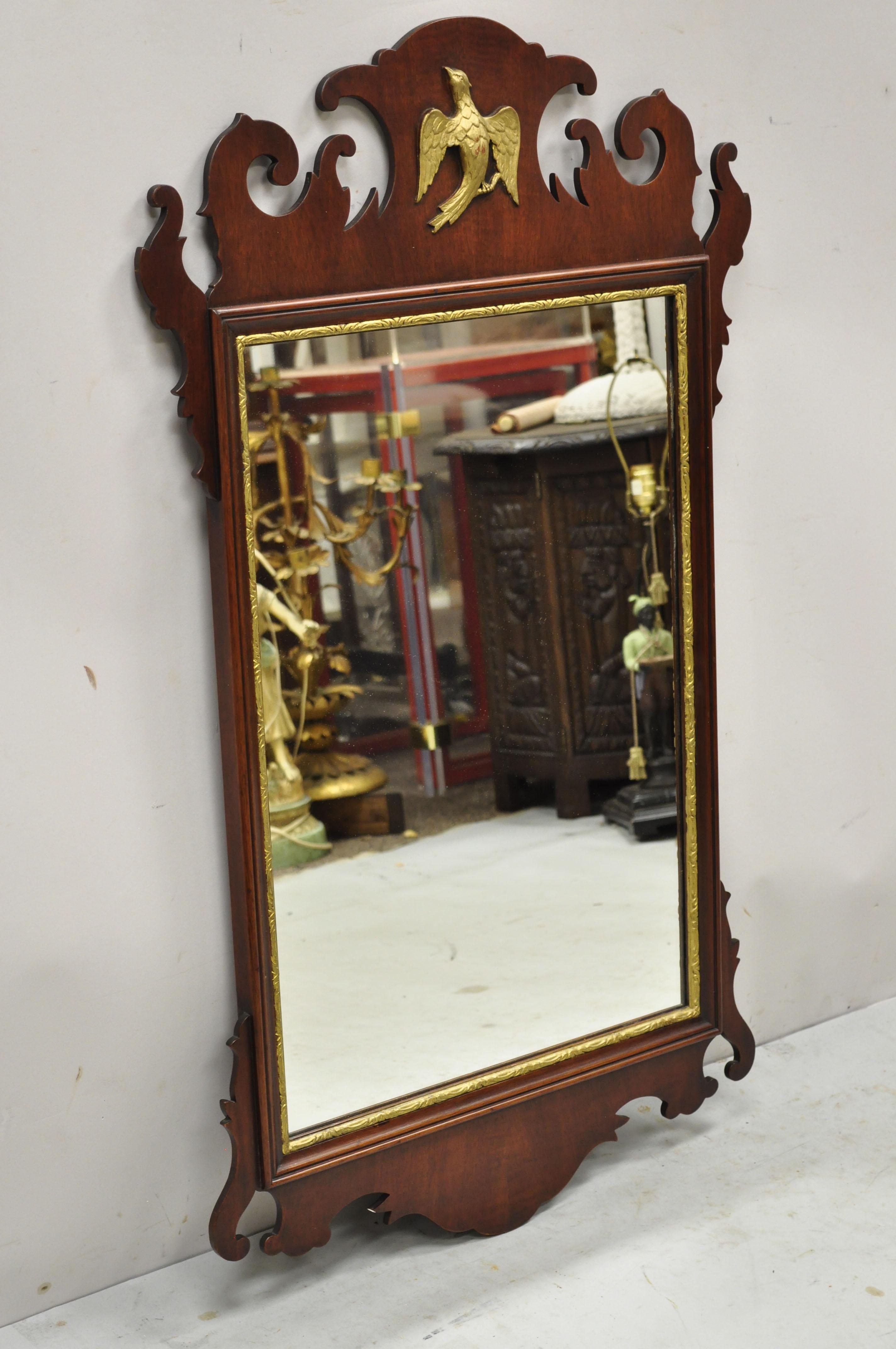 Antique Kindel oxford mahogany frame federal mirror wall gold gilt carved eagle. Item features gold gilt carved eagle, carved and shaped frame, wood frame, beautiful wood grain, original label, very nice antique item, quality American craftsmanship,
