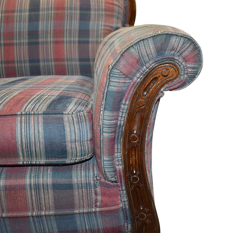 Fabric Antique King and Queen Carved Wood Plaid Chairs, a Pair 1900s For Sale