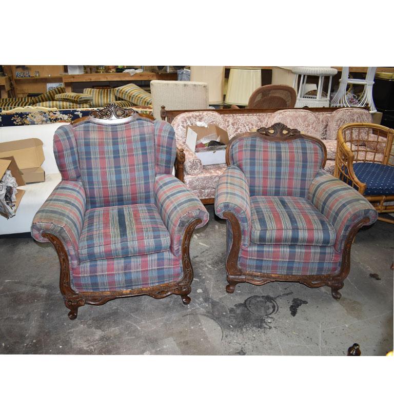 Antique King and Queen Carved Wood Plaid Chairs, a Pair 1900s For Sale 2