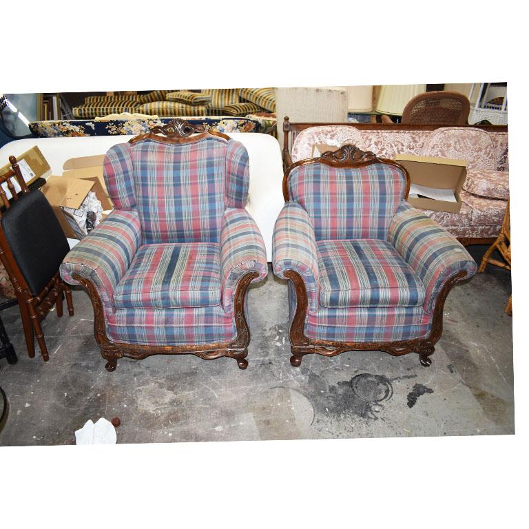 Antique King and Queen Carved Wood Plaid Chairs, a Pair 1900s For Sale