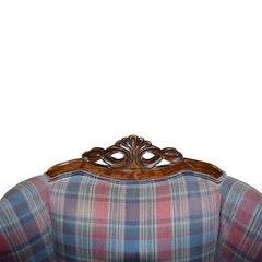 Antique King and Queen Carved Wood Plaid Chairs, a Pair 1900s