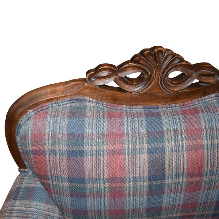 Antique King and Queen Carved Wood Plaid Chairs, a Pair 1900s For Sale