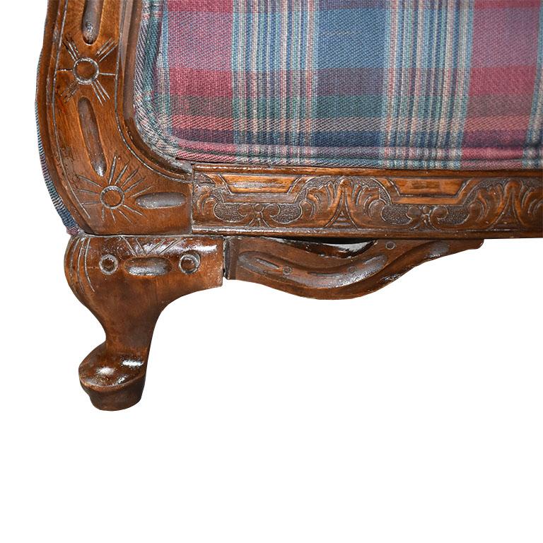 Antique King and Queen Carved Wood Plaid Chairs, a Pair 1900s For Sale