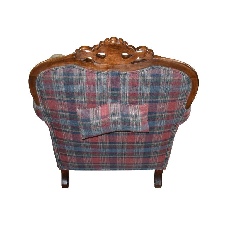 Antique King and Queen Carved Wood Plaid Chairs, a Pair 1900s For Sale at 1stDibs antique king