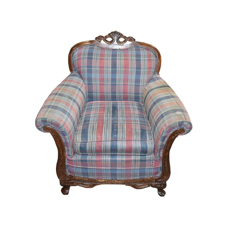 American Classical Antique King and Queen Carved Wood Plaid Chairs, a Pair 1900s For Sale