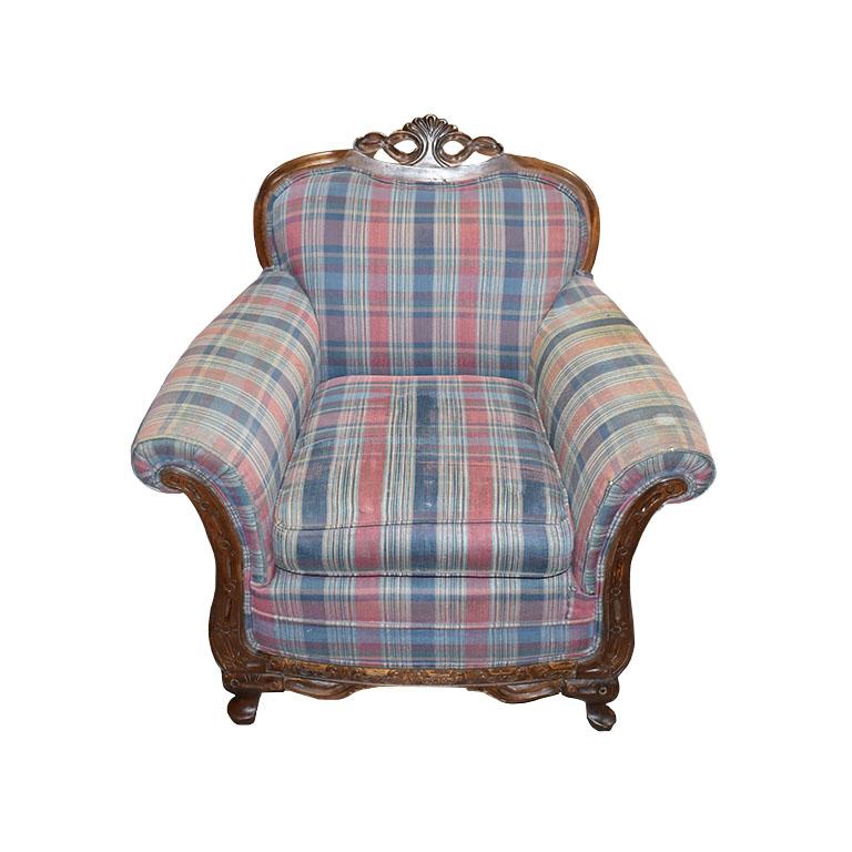 Antique King and Queen Carved Wood Plaid Chairs, a Pair 1900s For Sale