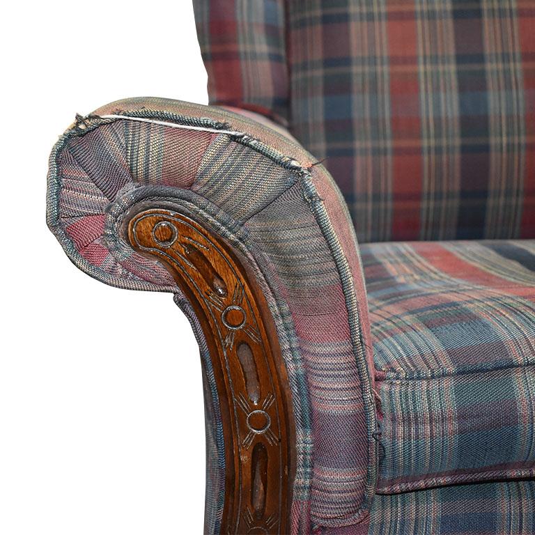 Antique King and Queen Carved Wood Plaid Chairs, a Pair 1900s For Sale