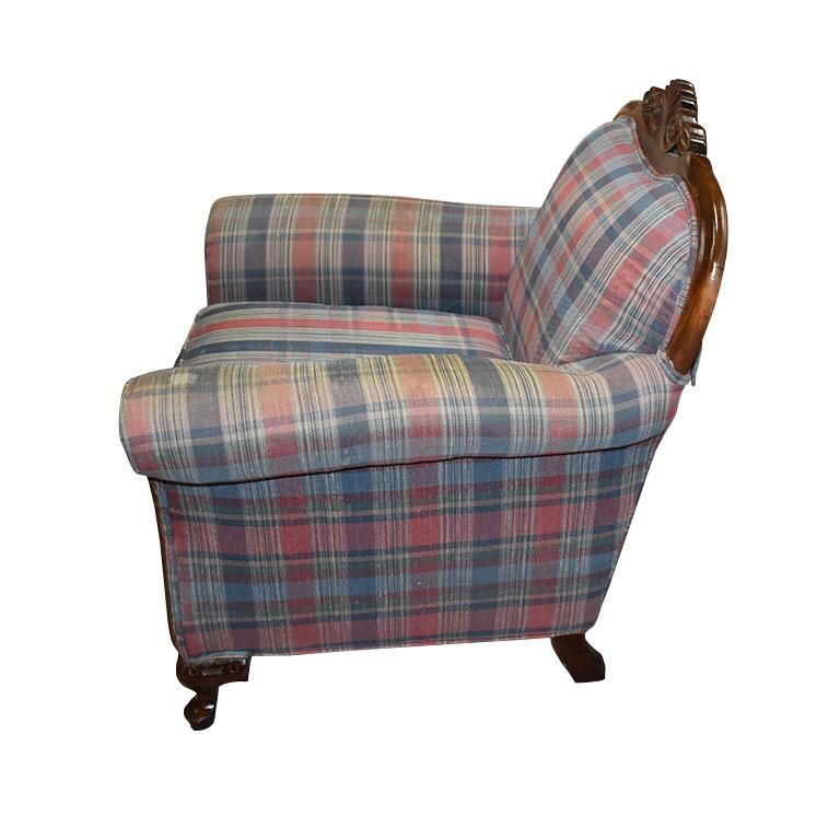 Antique King and Queen Carved Wood Plaid Chairs, a Pair 1900s For Sale at 1stDibs antique king