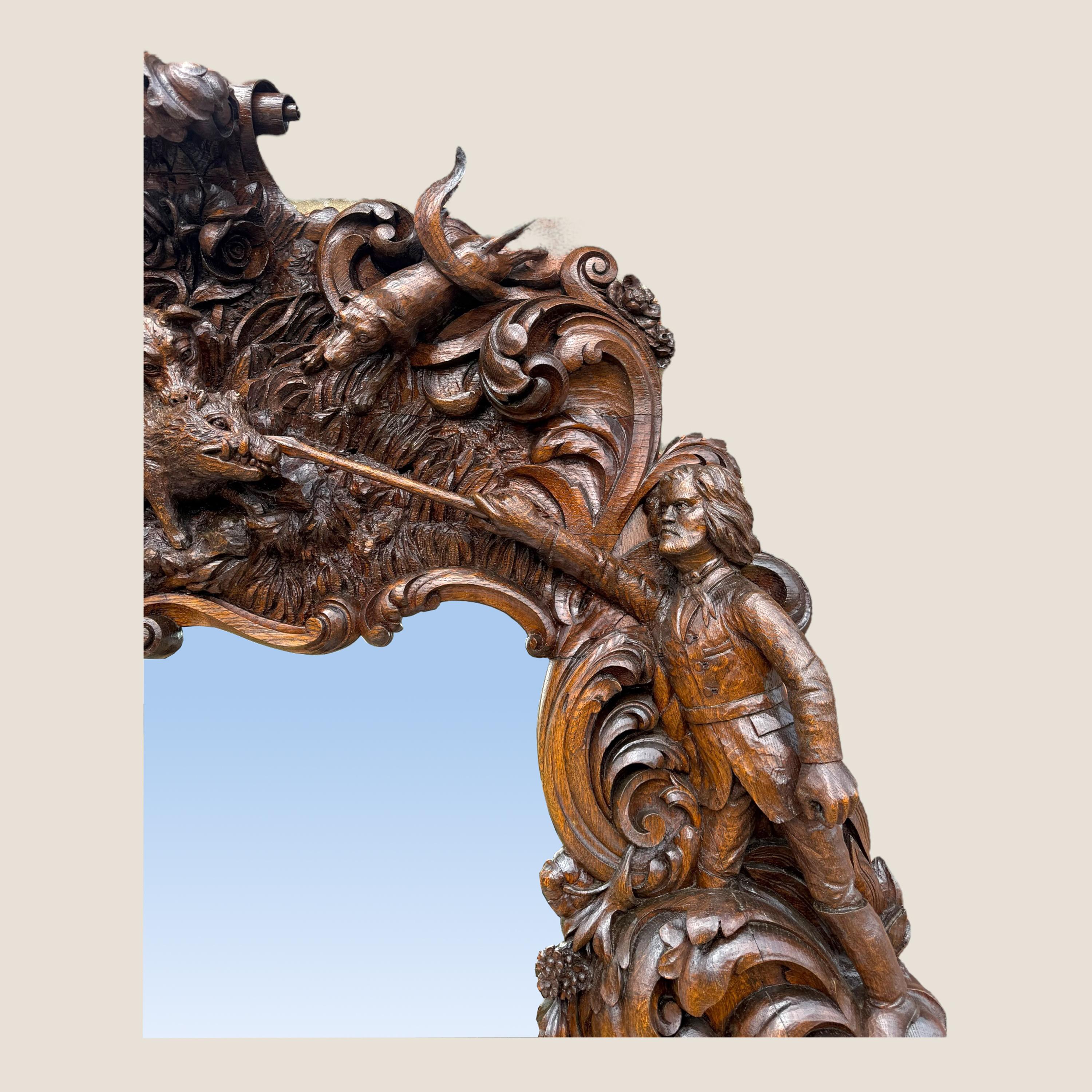 Antiguo espejo de pared de sobremantel del rey de Baviera tallado en madera de roble en venta 6