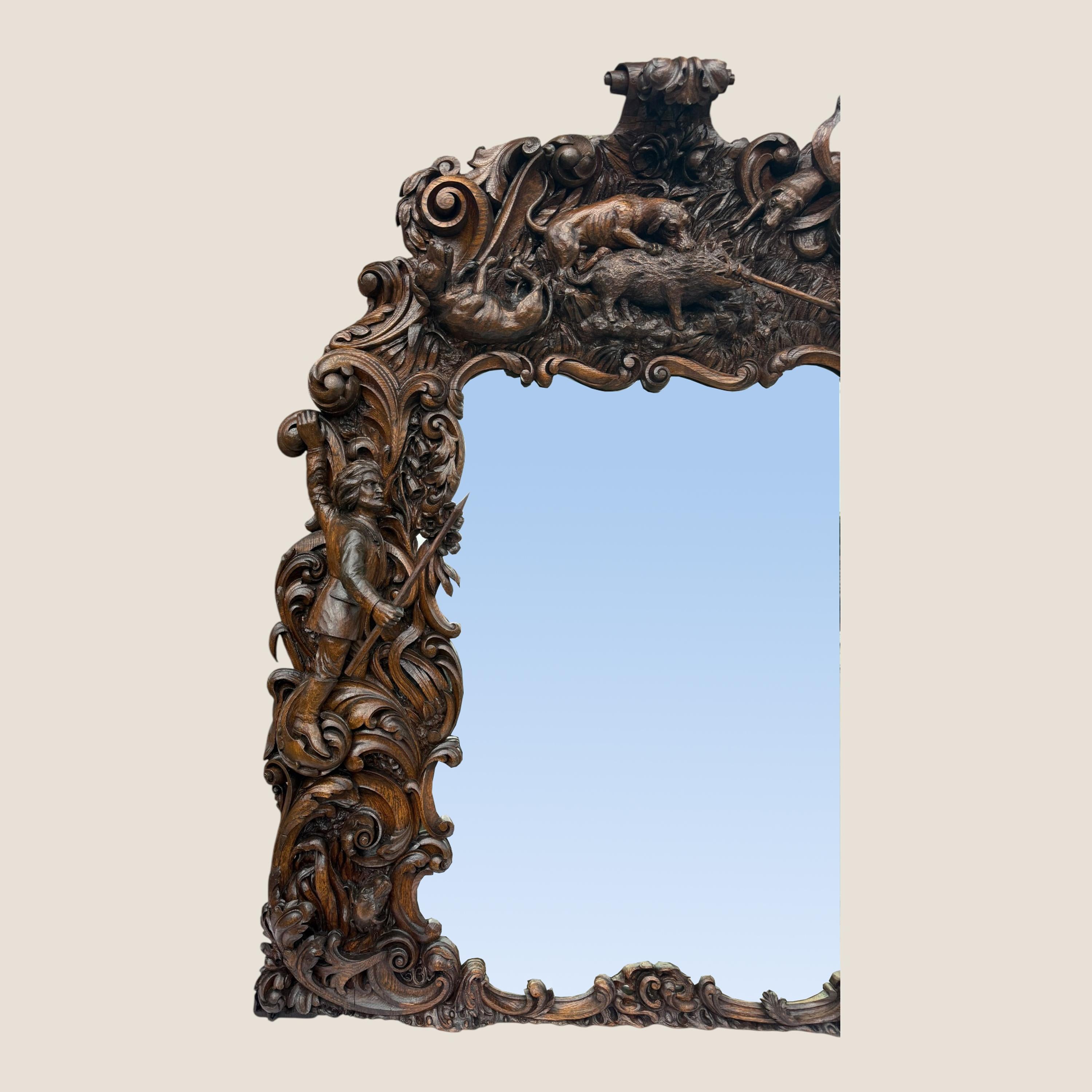 Aquí tenemos un gran espejo provincial de pabellón de caza de roble tallado, fabricado por Wallace y Walker en 1803 (222 años de antigüedad), procedente del palacio de Berg del pabellón de caza del rey de Baviera, y el espejo también ha formado