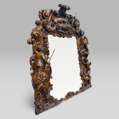 Antique King Of Bavaria’s Large Carved Oak Hunting Lodge Overmantel Wall Mirror