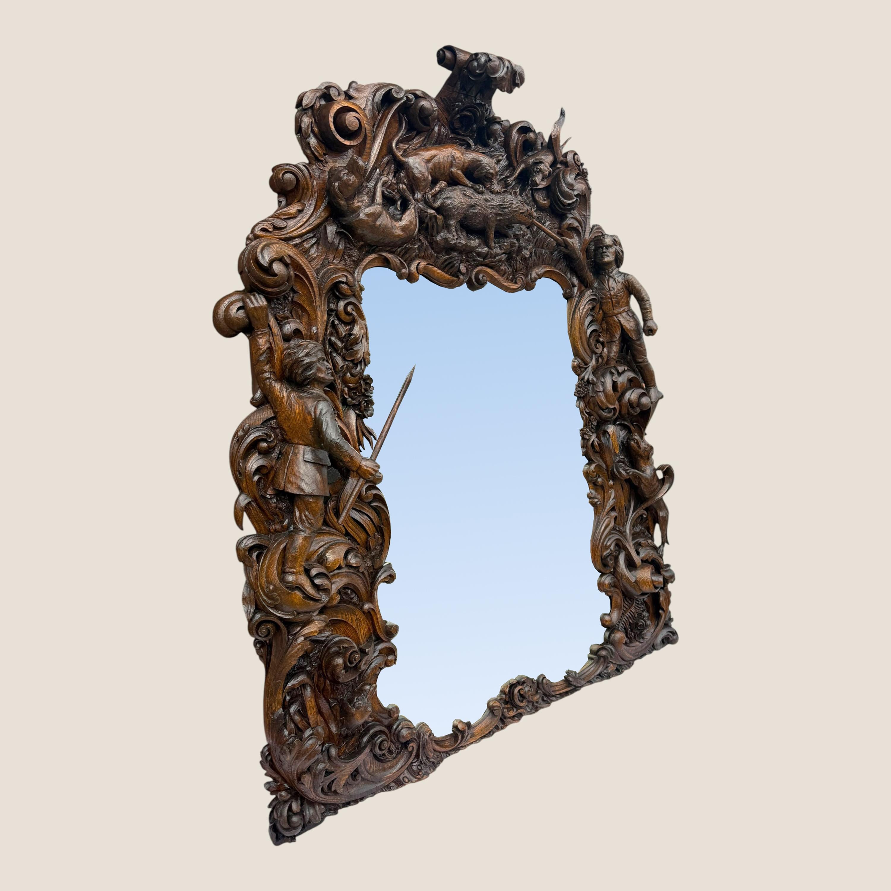 Antiguo espejo de pared de sobremantel del rey de Baviera tallado en madera de roble en venta 12