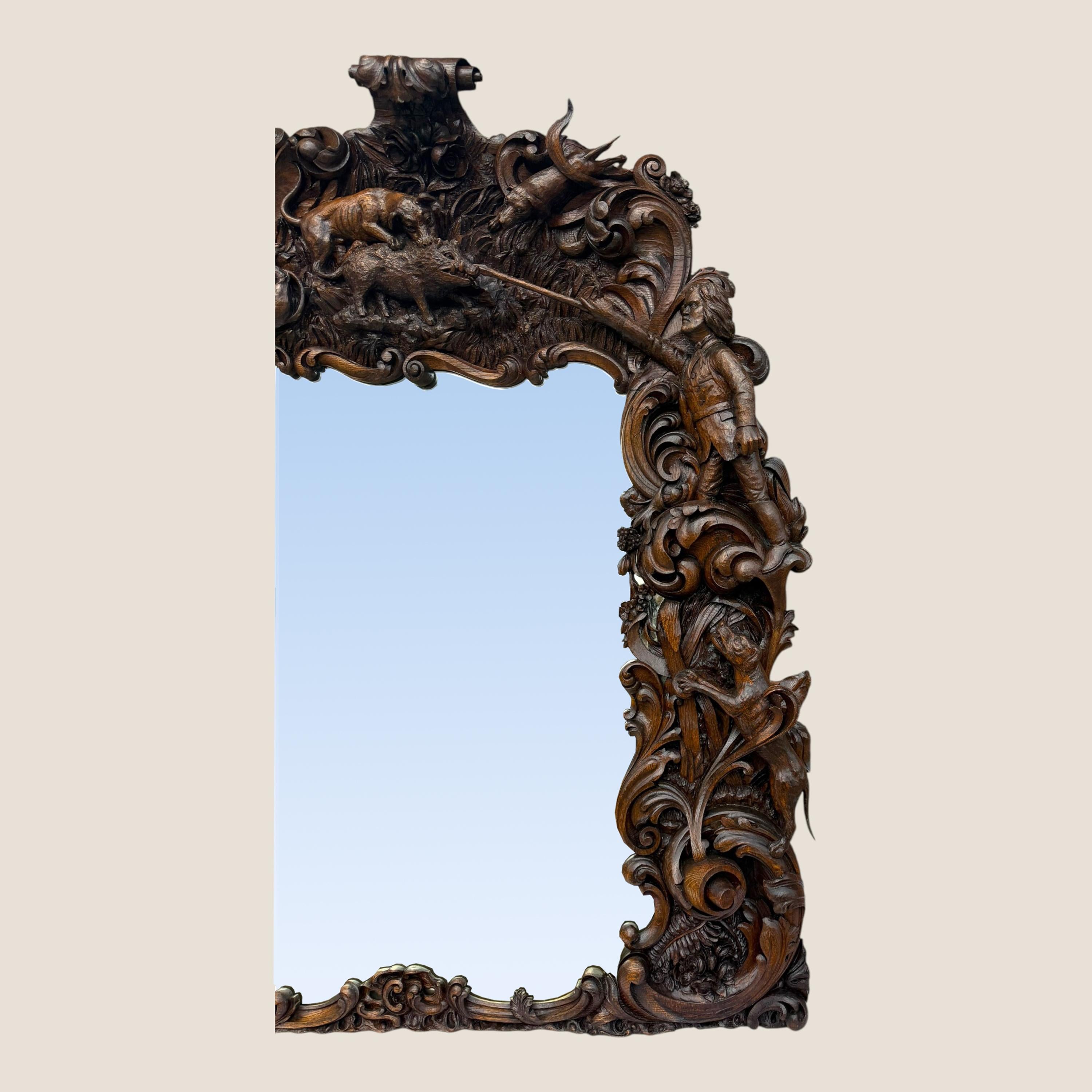 Antiguo espejo de pared de sobremantel del rey de Baviera tallado en madera de roble Jorge III en venta