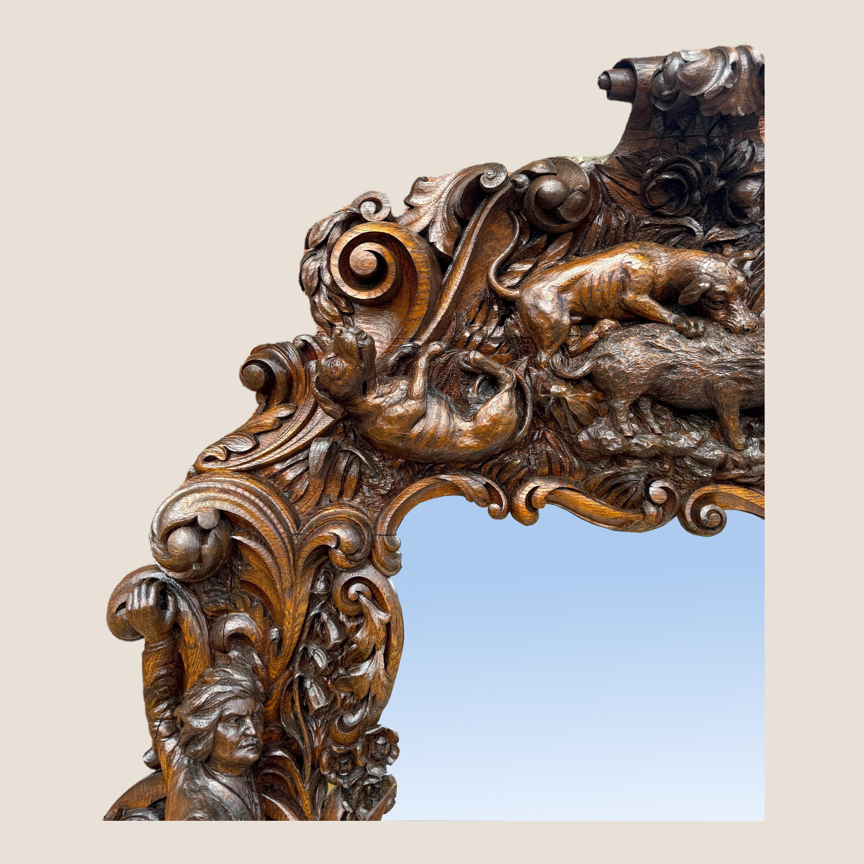 Antiguo espejo de pared de sobremantel del rey de Baviera tallado en madera de roble en venta 1