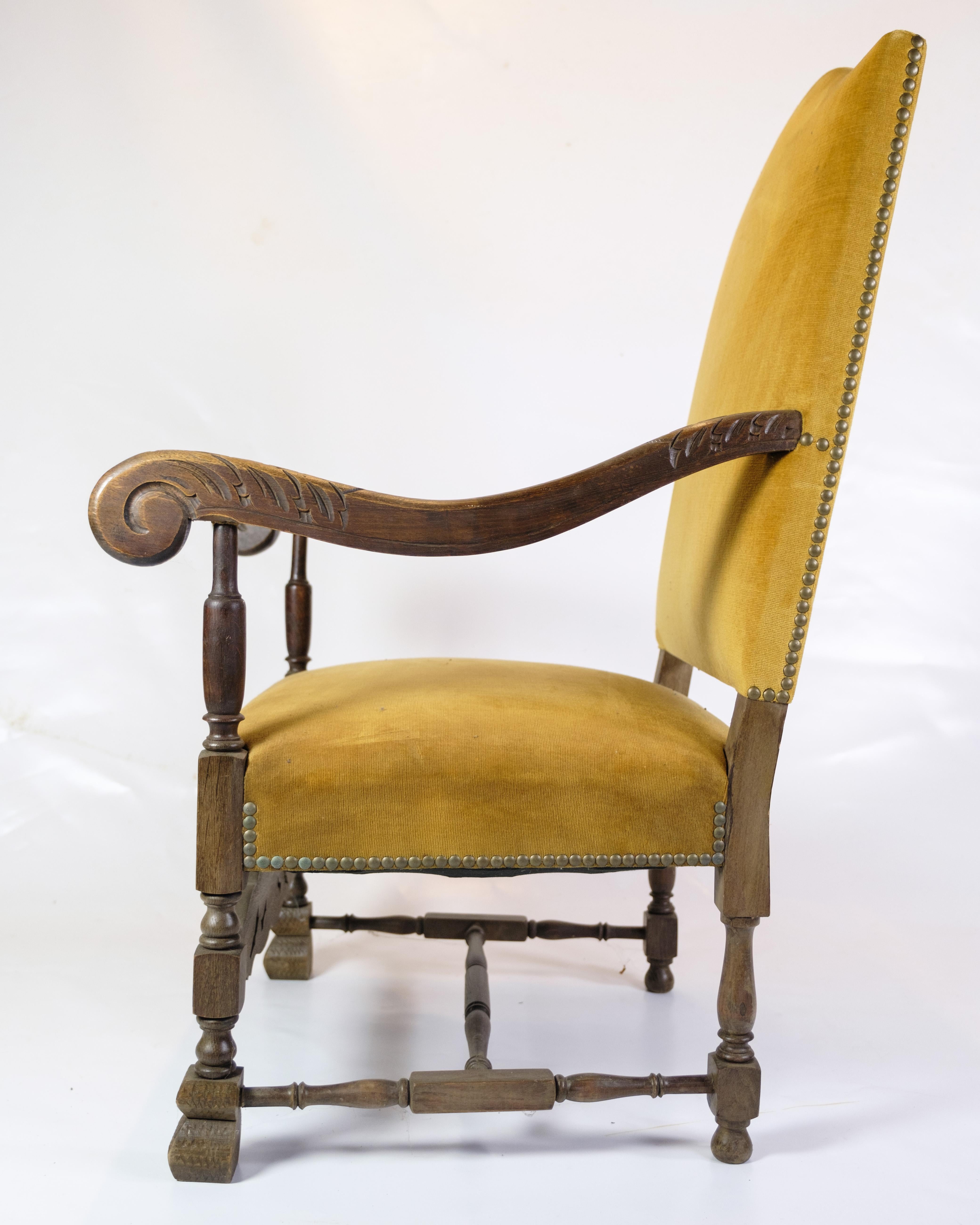 Danish Antique King´s Chair Made With Yellow Nail-Studded Velour From 1920s
